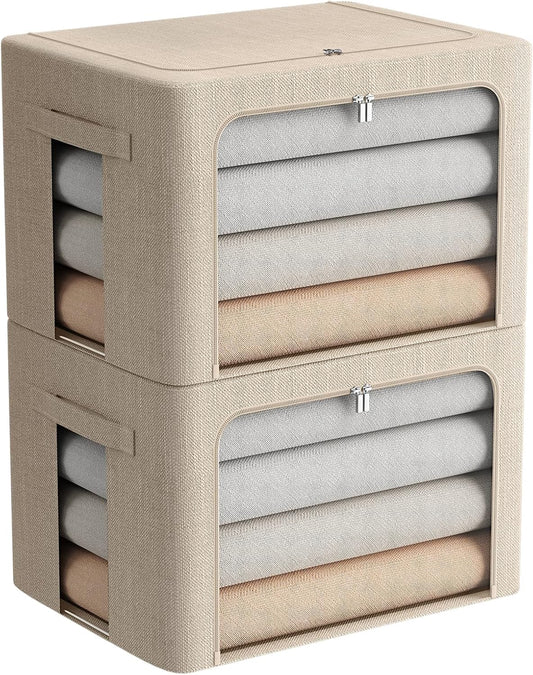 FHSQX 2 Pack Clear Window Storage Bins - Large Stackable Linen Fabric Storage for Clothes Foldable Container Organizer Set with Carrying Handles (Beige, 19.7x 15.7x 12.6 Inch)