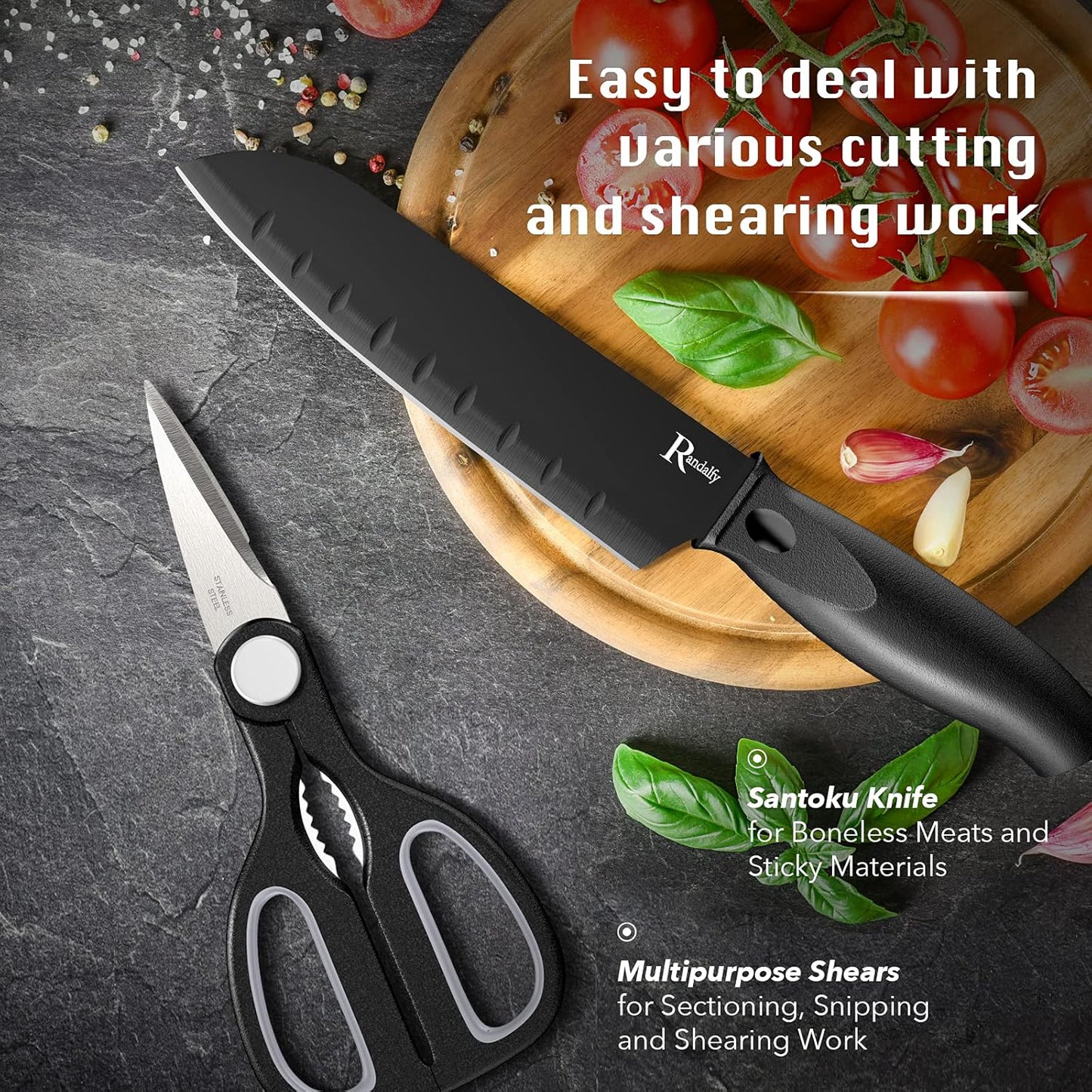 Kitchen Knife Set with Block, 7 Pieces Chef Knives, Scissor, for Meat/Vegetables/Fruits Chopping, Slicing, Dicing&Cutting