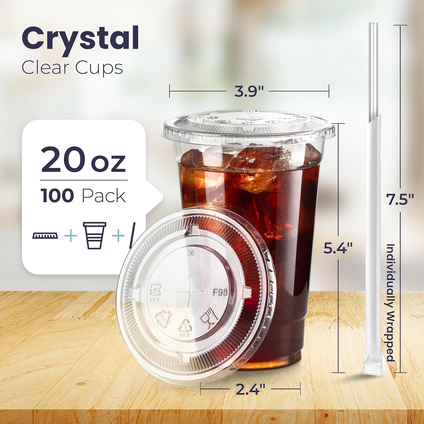 Fit Meal Prep 100 Pack 20 oz Plastic Iced Coffee Cups with Flat Lids and Clear Straws, Disposable Clear Cup, BPA Free Cup for Party, Smoothie, Cold Drinks, Juice, Milkshake, Bubble Boba, Tea