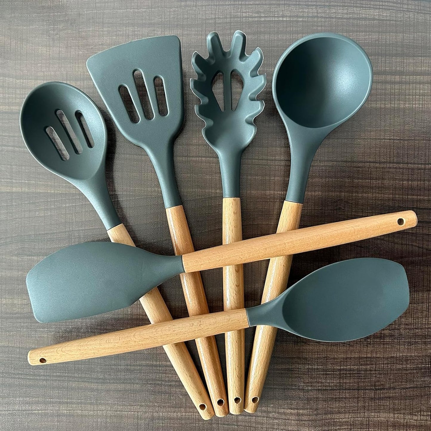 Kitchen Cooking Utensils Set, 6Pcs Silicone Kitchen Utensils Set Spatula Spoon Soup Ladle Turner, Heat Resistant Wooden Handle Silicone Cooking Gadgets for Nonstick Cookware & Baking BPA FREE