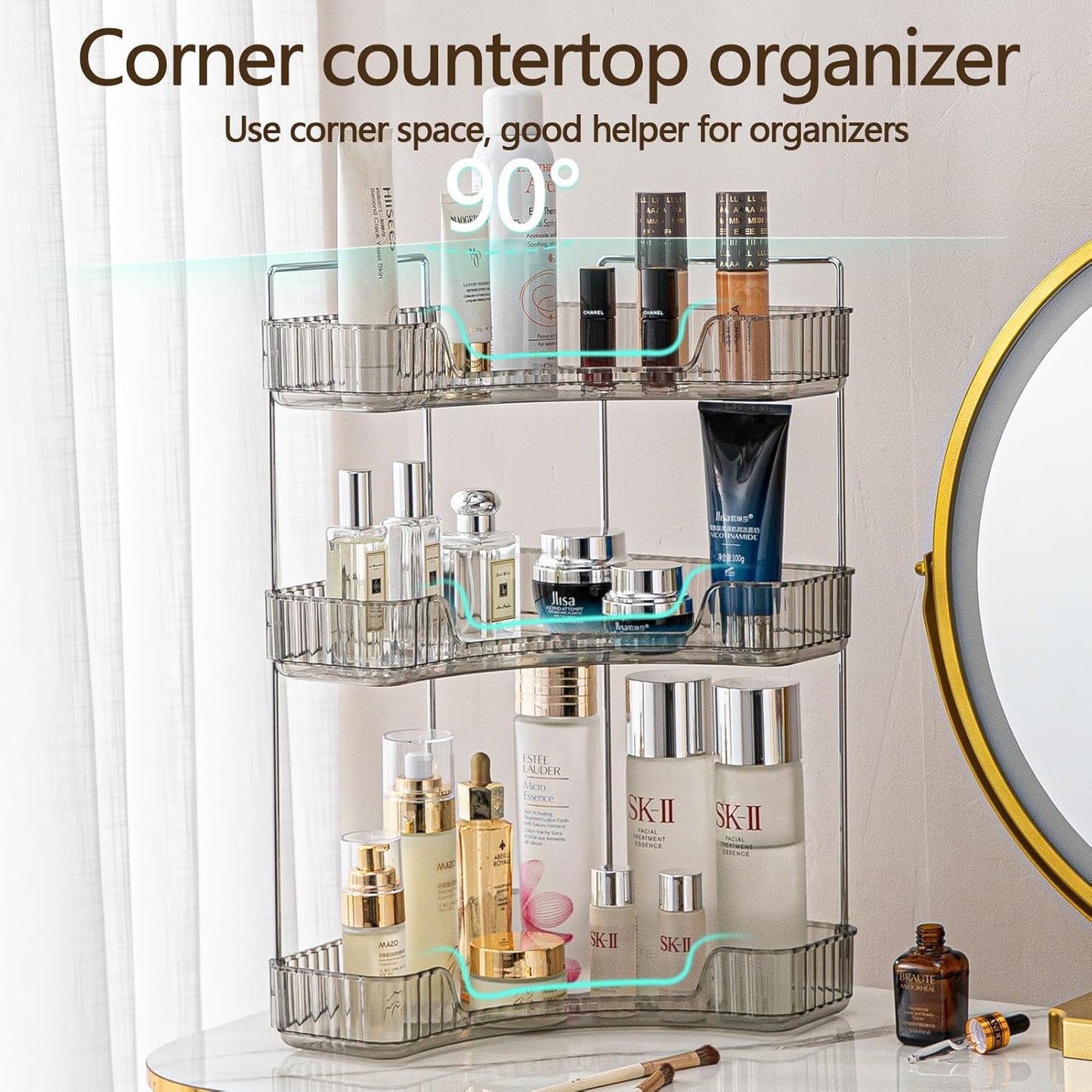 3-Tier Corner Bathroom Counter Organizer – Classic Storage Shelf for Makeup, Perfume & Toiletries, Space-Saving Countertop Tray Fits Bathroom, Dresser, Kitchen (Slate Gray)