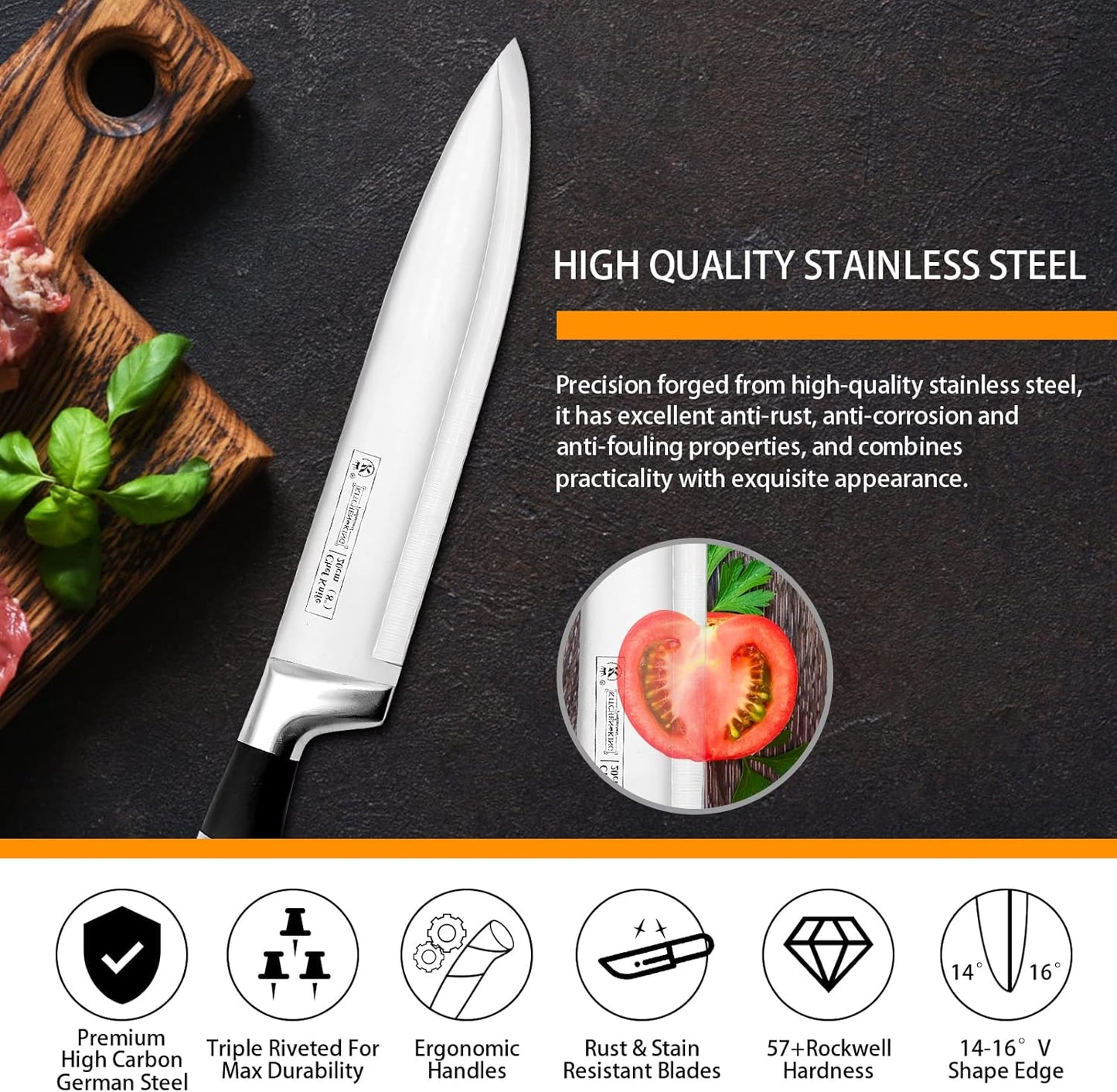 Kitchen Knife Set, Retrosohoo 9-Pieces Black Sharp Non-Stick Coated Chef Knives Block Set,Stainless Steel Knife Set for Kitchen with Sharpener for Cutting Slicing Dicing Chopping (Black)