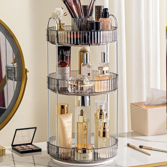 Aveniee 360° Rotating Makeup Organizer for Vanity, Upagraded Perfume Skincare Bathroom Counter Organizers with Brush Divider, 3 Tier Spinning Lipstick Cosmetic Lotion Storage,Grey