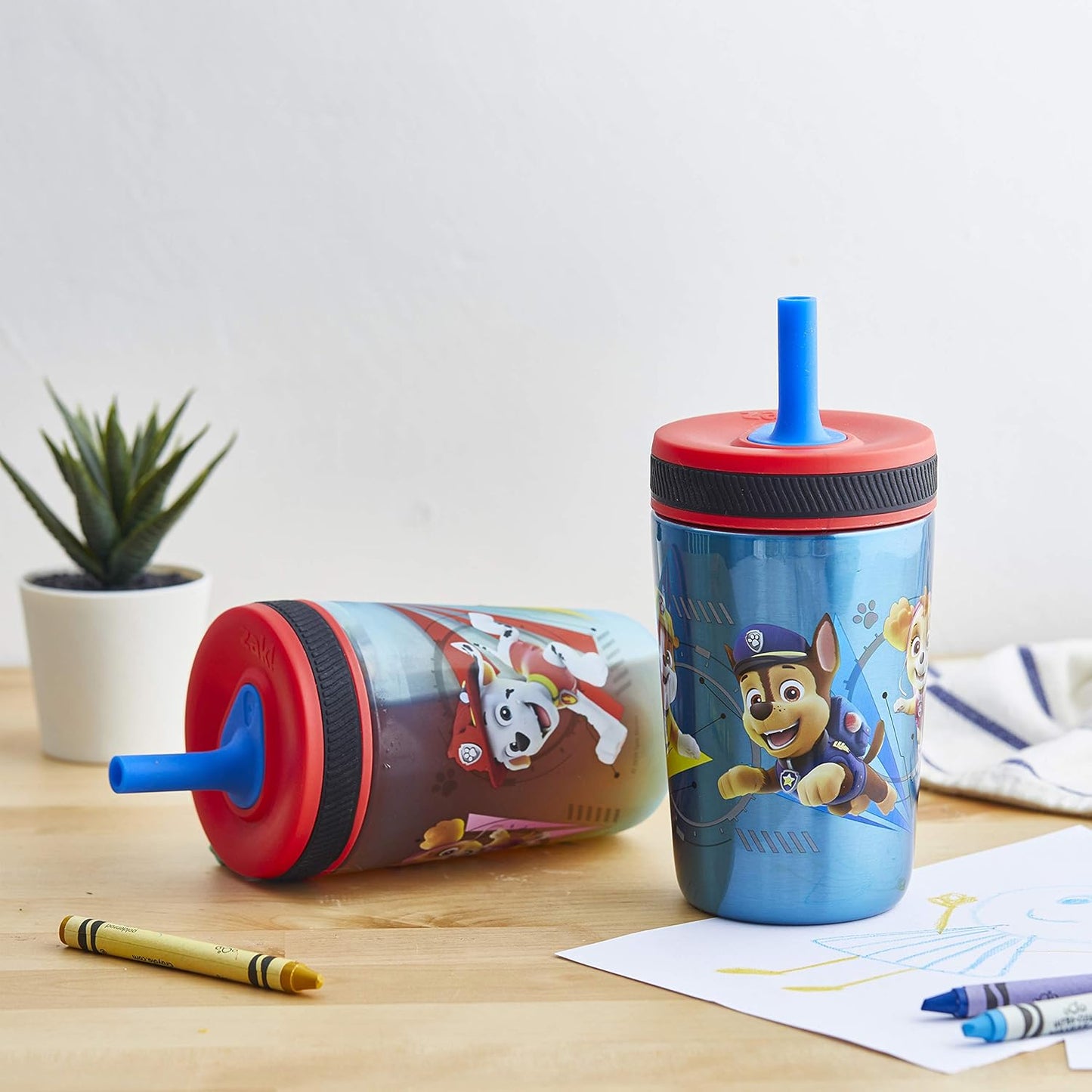 Zak Designs PAW Patrol Kelso Tumbler Set, Leak-Proof Screw-On Lid with Straw, Bundle for Kids Includes Plastic and Stainless Steel Cups with Additional Sipper (Paw Patrol- 3pc)