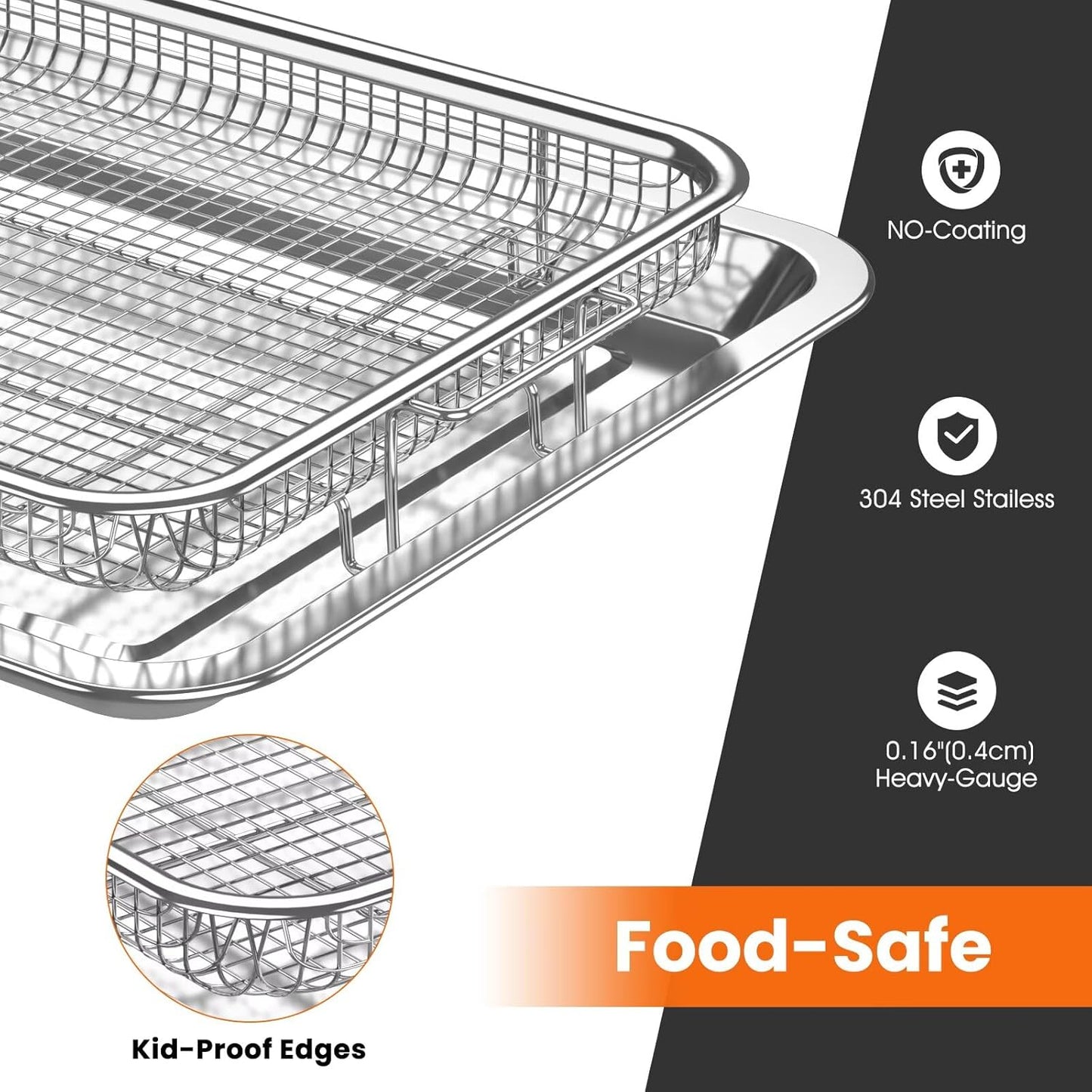 Air Fryer Basket for Oven, 2 Set Stainless Steel Pan & Crisper Tray (15"x11" &12.8"x9.7") with 60 Parchment Papers, Family-Size Non-Stick Oven Basket for Baking Chicken, Fries, Dishwasher Safe