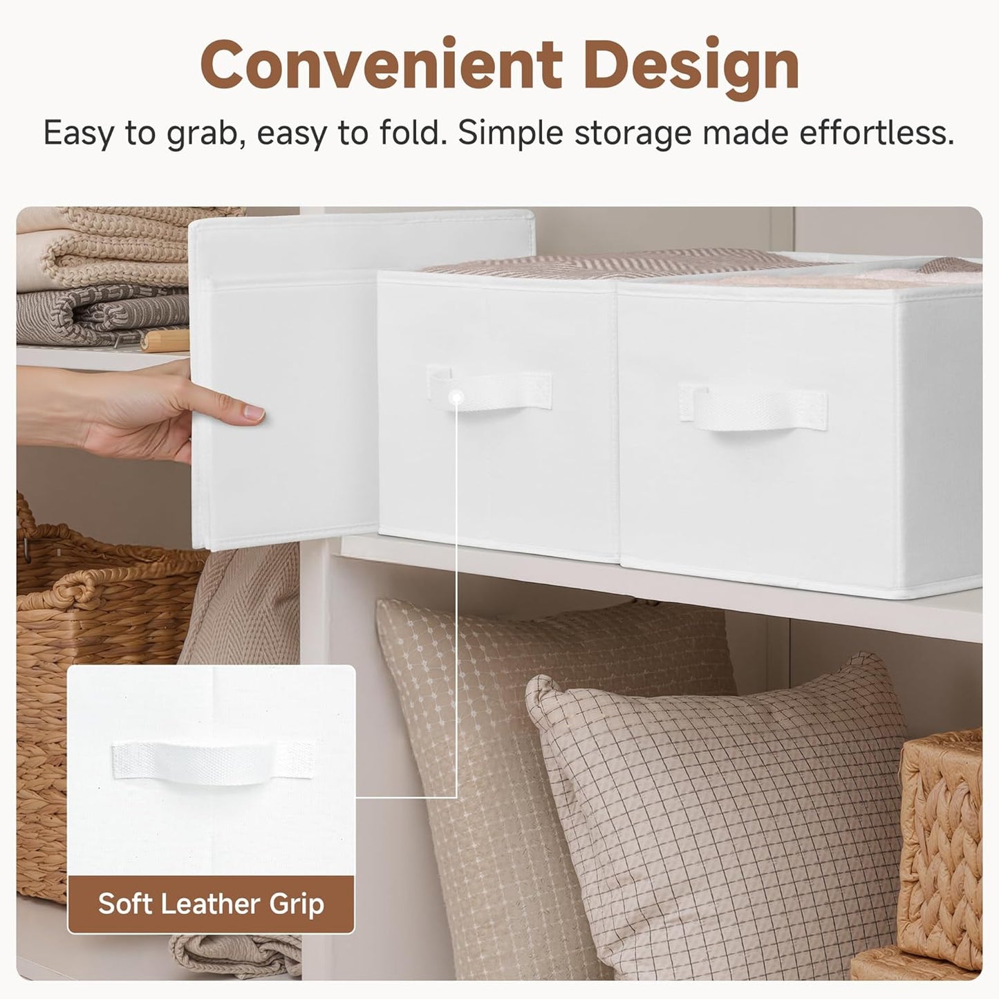 StorageWorks Storage Baskets for Shelves, Foldable Fabric Closet Storage Bins with Handles, Fabric Storage Bins Clothes Organizer, White, 3-Pack, Large