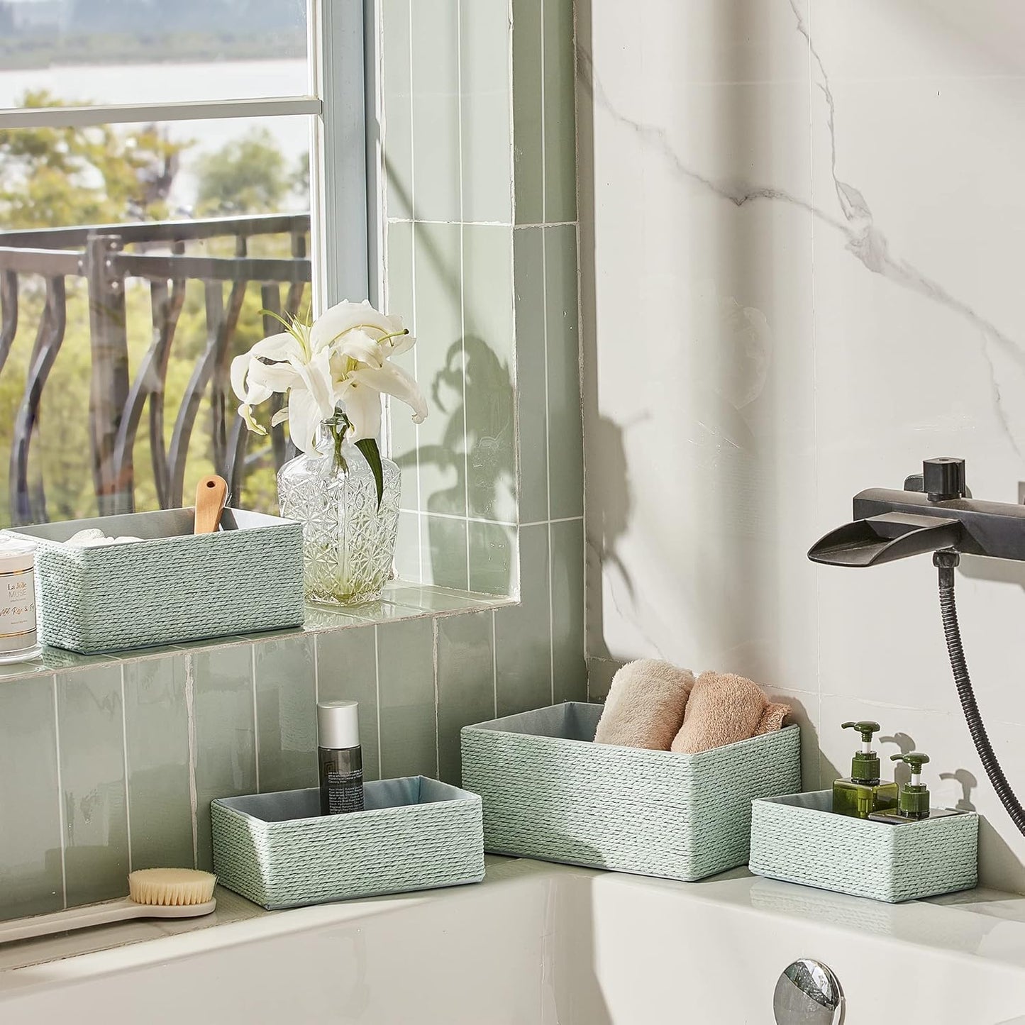 LA JOLIE MUSE Storage Baskets Set 4 - Stackable Woven Basket Paper Rope Bin, Storage Boxes for Makeup Closet Bathroom Bedroom (Light Green)