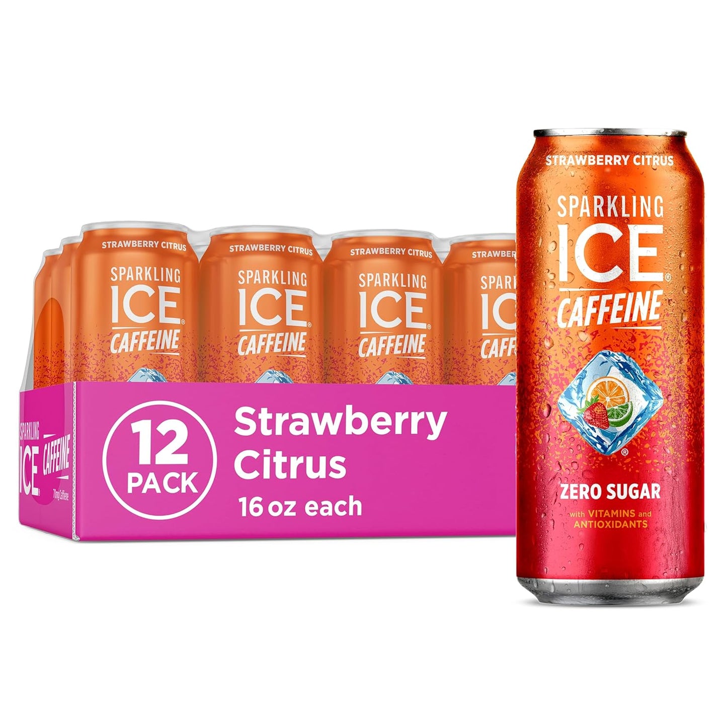 Sparkling Ice Caffeine Strawberry Citrus Sparkling Water with Caffeine, Zero Sugar, with Antioxidants and Vitamins,16 fl oz Cans (Pack Of 12)