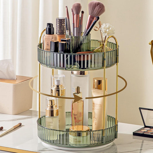 Aveniee Rotating Makeup Organizer for Vanity, Upagraded Perfume Skincare Bathroom Counter Organizers with Brush Divider, 2 Tier Spinning Lipstick Cosmetic Lotion Storage,Green