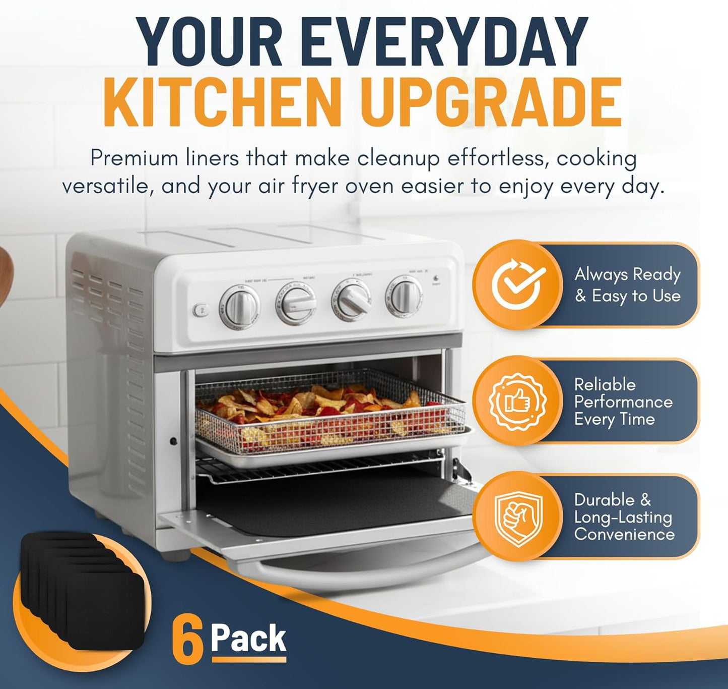 Toaster Oven Liners for Bottom of Oven (6 Pack) Reusable Non-Stick Heat Resistant Toaster Liners, Compatible with Ninja, Cuisinart, Emeril Lagasse & More, Toaster Mat, 12"x12" (Black)