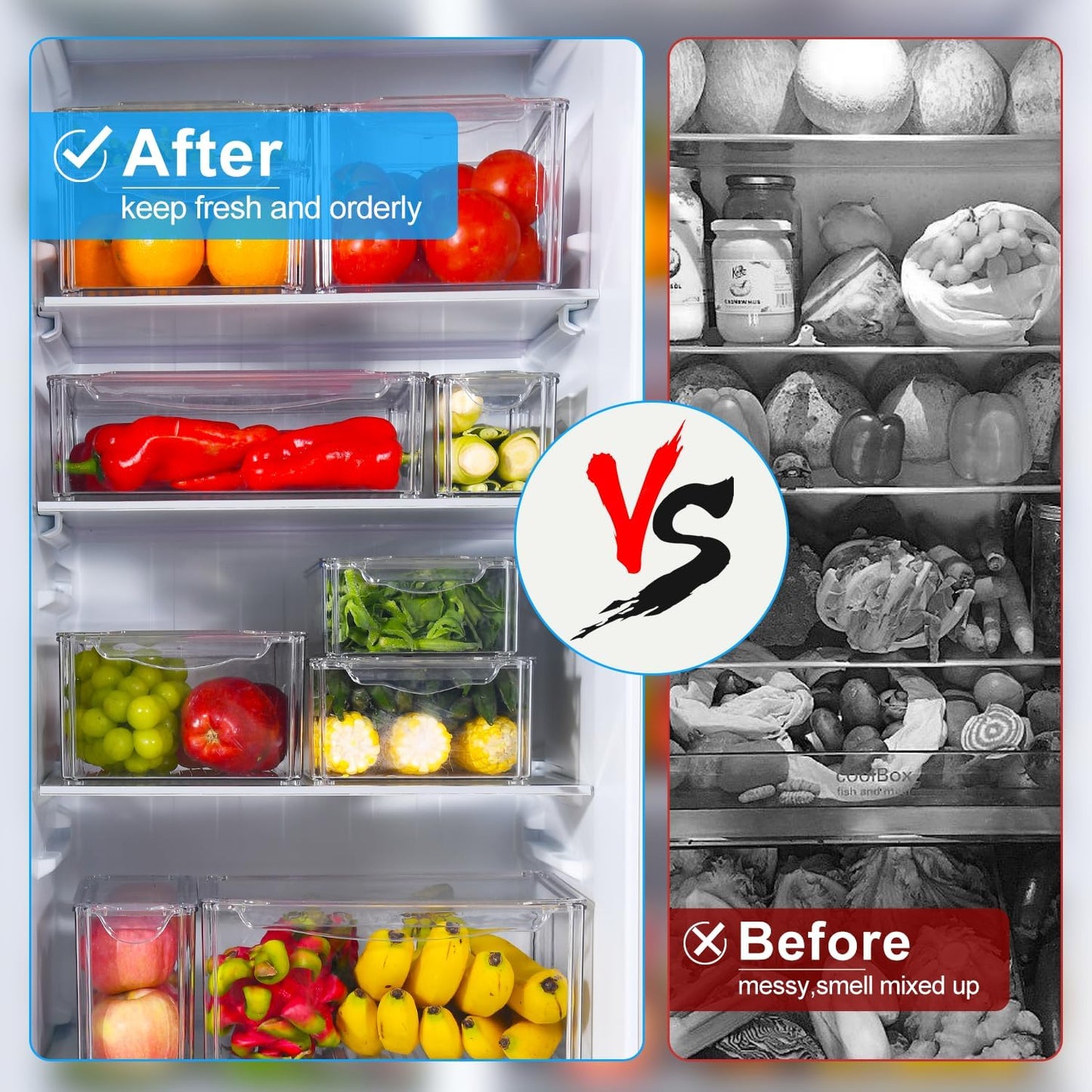 10-Pack Clear Fridge Organizer Bins with Lids, Stackable Refrigerator Storage Containers, BPA-Free with Drain Tray & Anti-Slip Base for Fruits, Veggies, Drinks