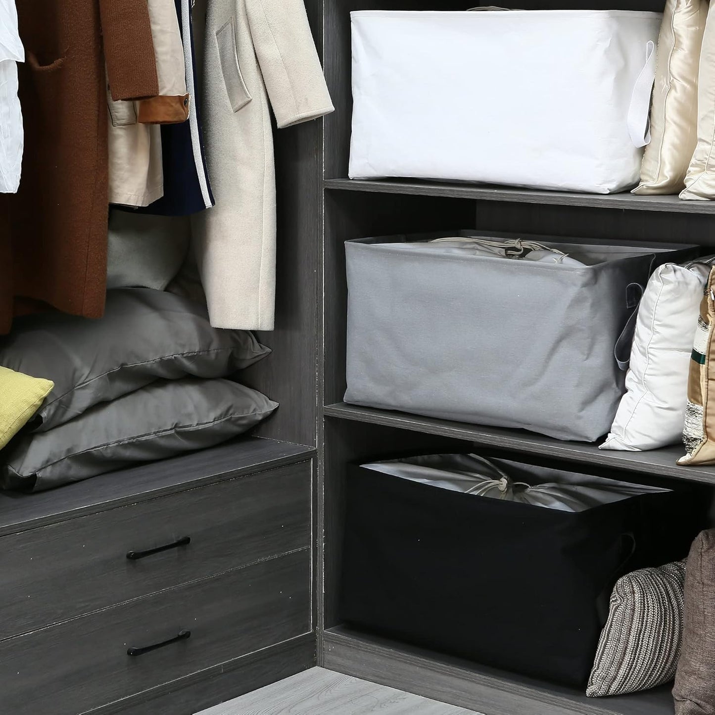 Hinwo 102L XXL Storage Bins, 2-Pack Closet Organizers and Storage, Foldable Clothes Storage Baskets with Handles, Containers for Clothing, Blanket, Comforters, Toys, Bedding (Gray)