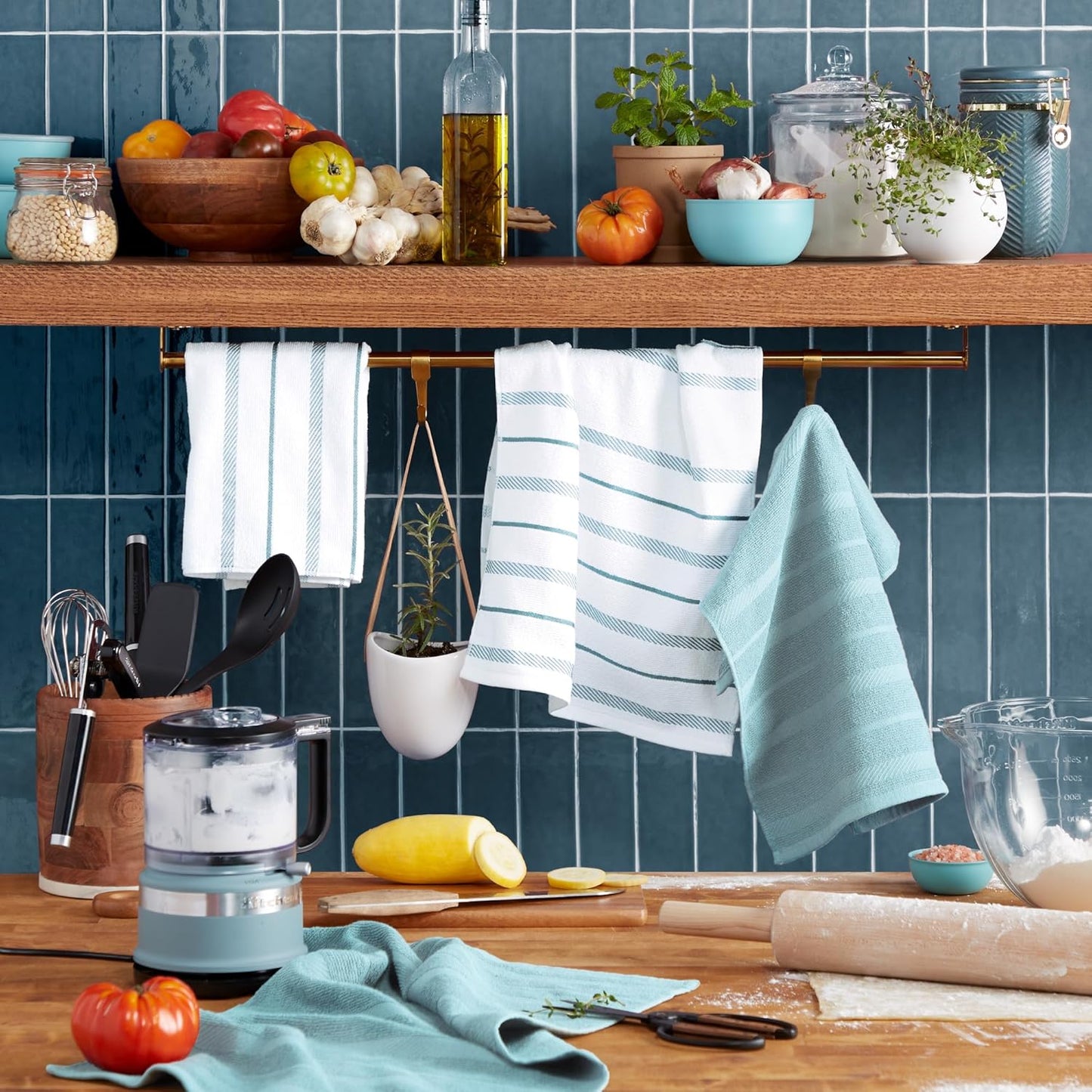 KitchenAid Albany Kitchen Towel 4-Pack Set, Mineral Water Aqua/White, 16"x26"