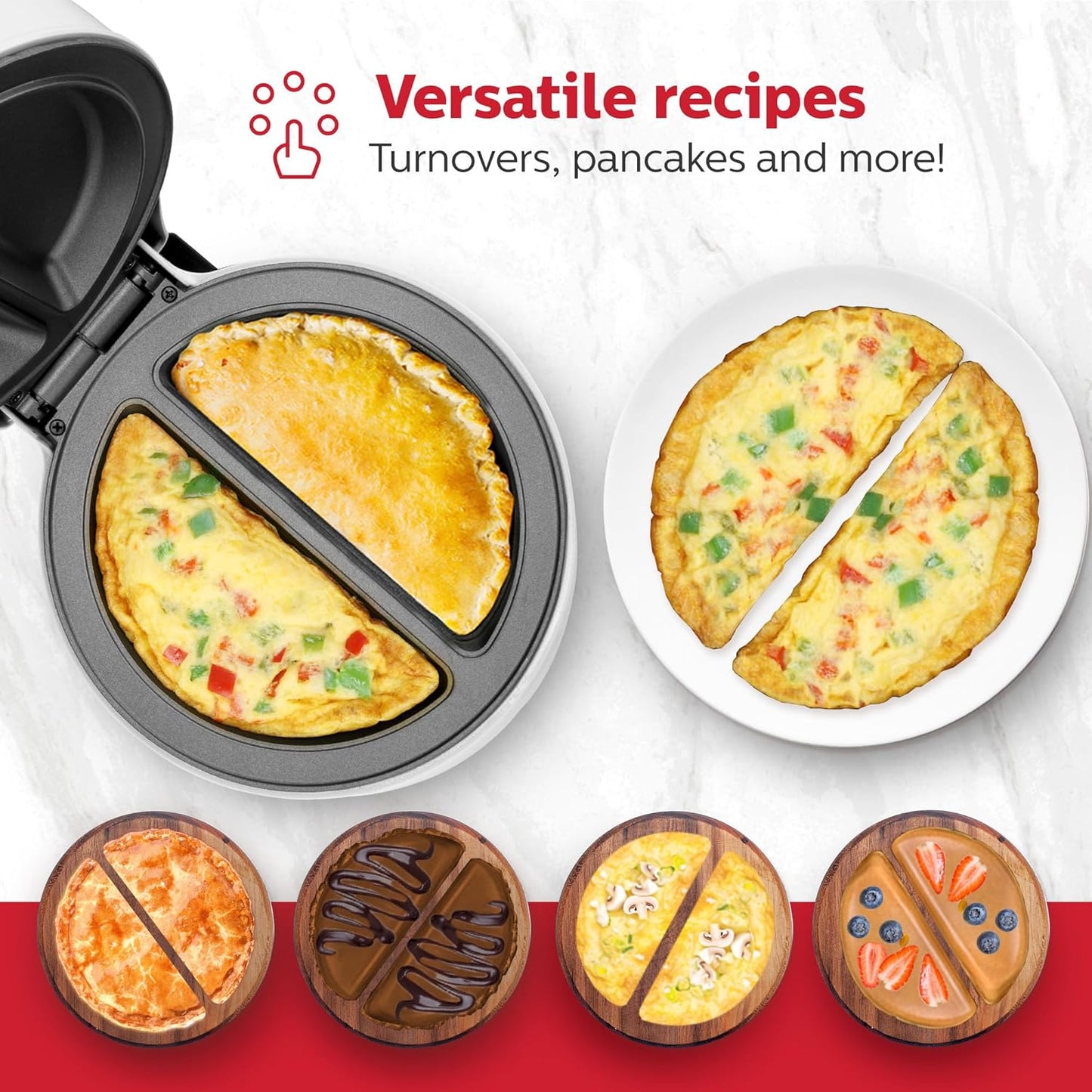 Holstein Housewares Stainless Steel 2 Section Omelet & Frittata Maker, Non Stick Coating, Easy To Clean, Indicator Lights, Compact Storage, Prepare Versatile Recipes in Minutes. 2 Portions, White