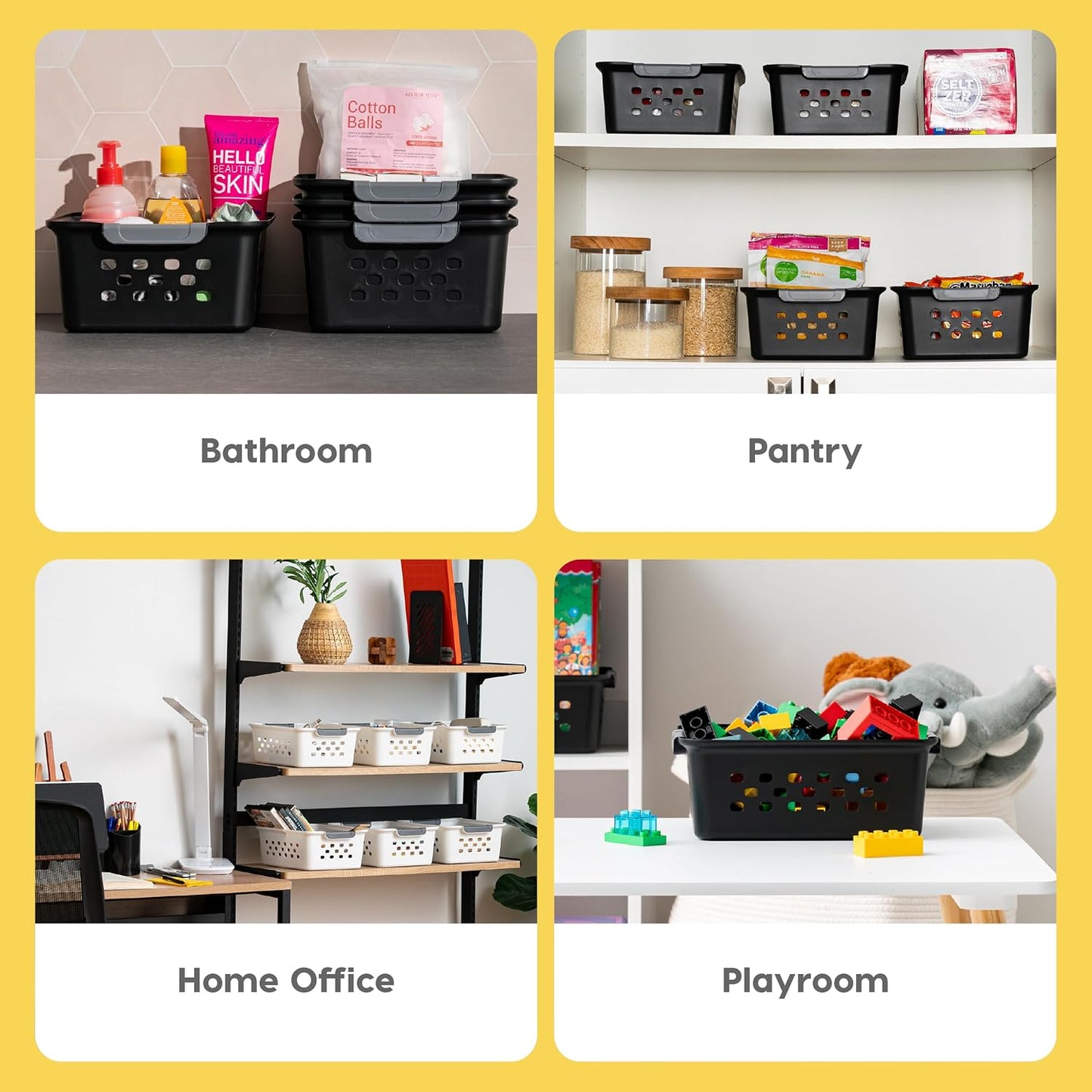 IRIS USA Plastic Basket, 12-Pack, Small, Shelves Storage Basket for Organizing Pantry, Cabinet, Bedroom, Closet, Laundry Room, Office, Black