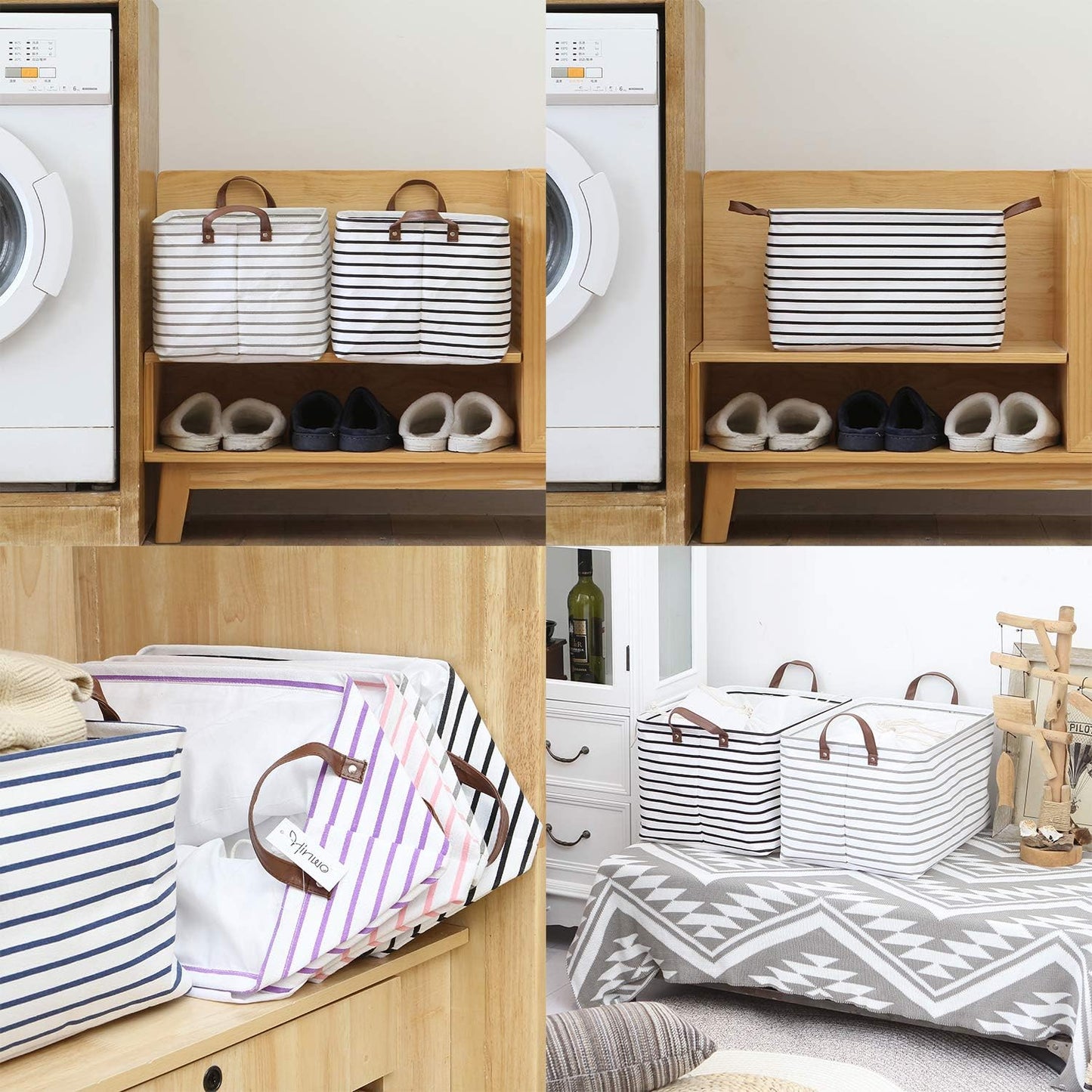 Hinwo 2-Pack Large Canvas Fabric Storage Baskets with Handles, 31L Rectangle Storage Bins, Collapsible Storage Box, Clothes, Toys, Blankets Organizers, 16.5 x 11.8 x 9.8 inches, (Black Stripe)