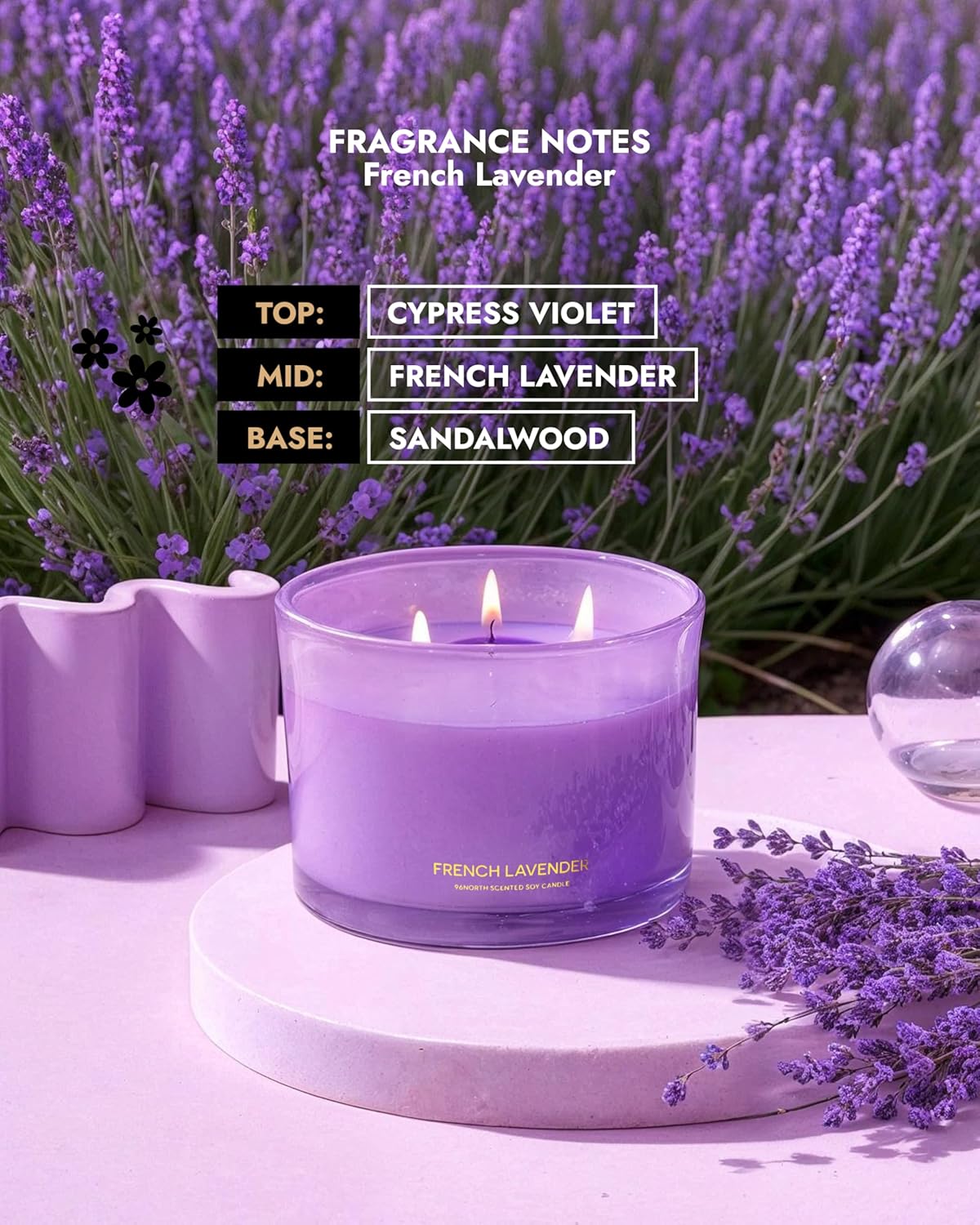 96NORTH Luxury Lavender Soy Candle | Large 3 Wick Jar Candle | Up to 50 Hours Burning Time | 100% Natural Soy Wax | Relaxing Aromatherapy Aesthetic Candle | Housewarming Gift for Women and Men