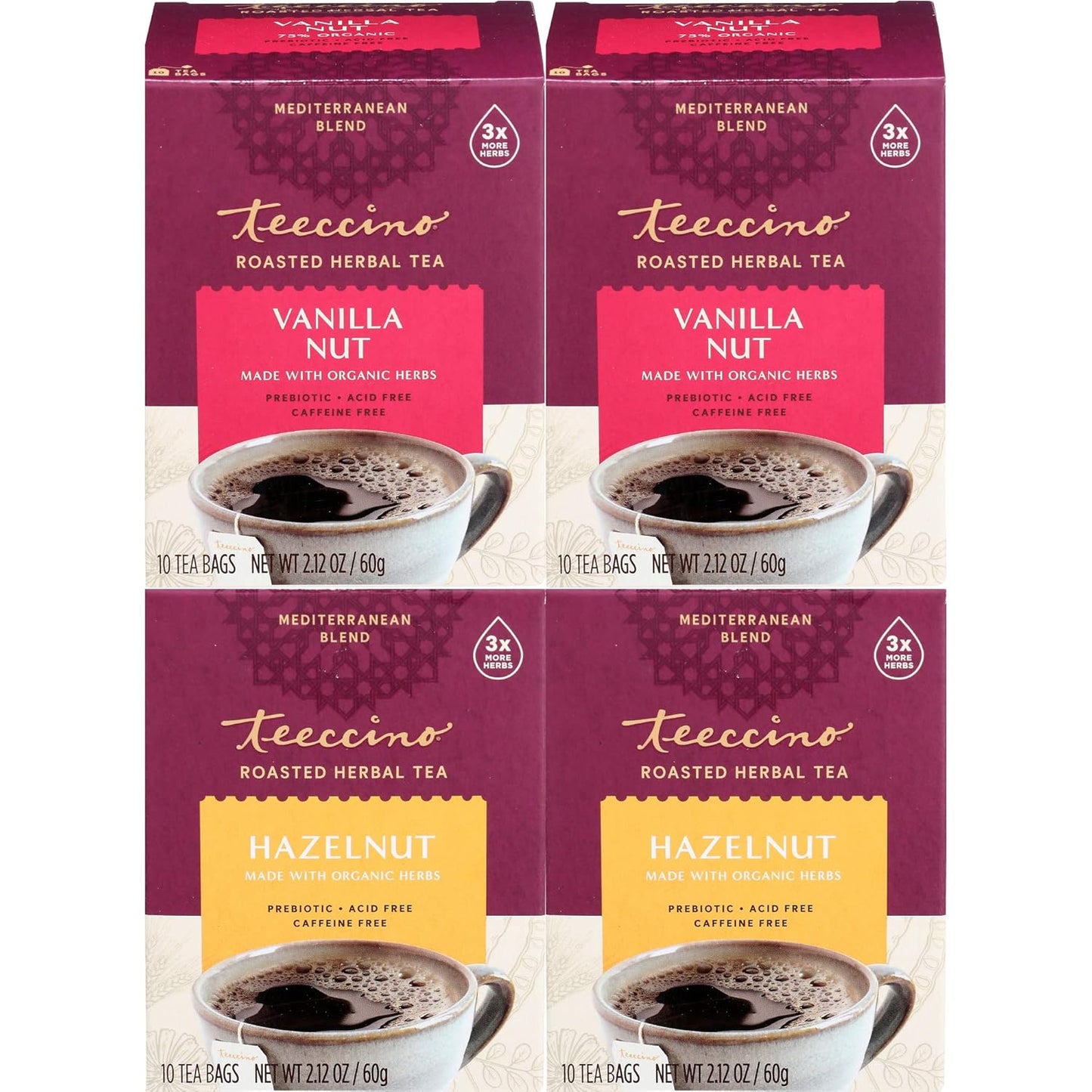 Teeccino Hazelnut & Vanilla Nut Herbal Tea Variety Pack - Roasted Herbal Tea That’s Caffeine Free & Prebiotic for Natural Energy, 10 Tea Bags (Pack of 4)