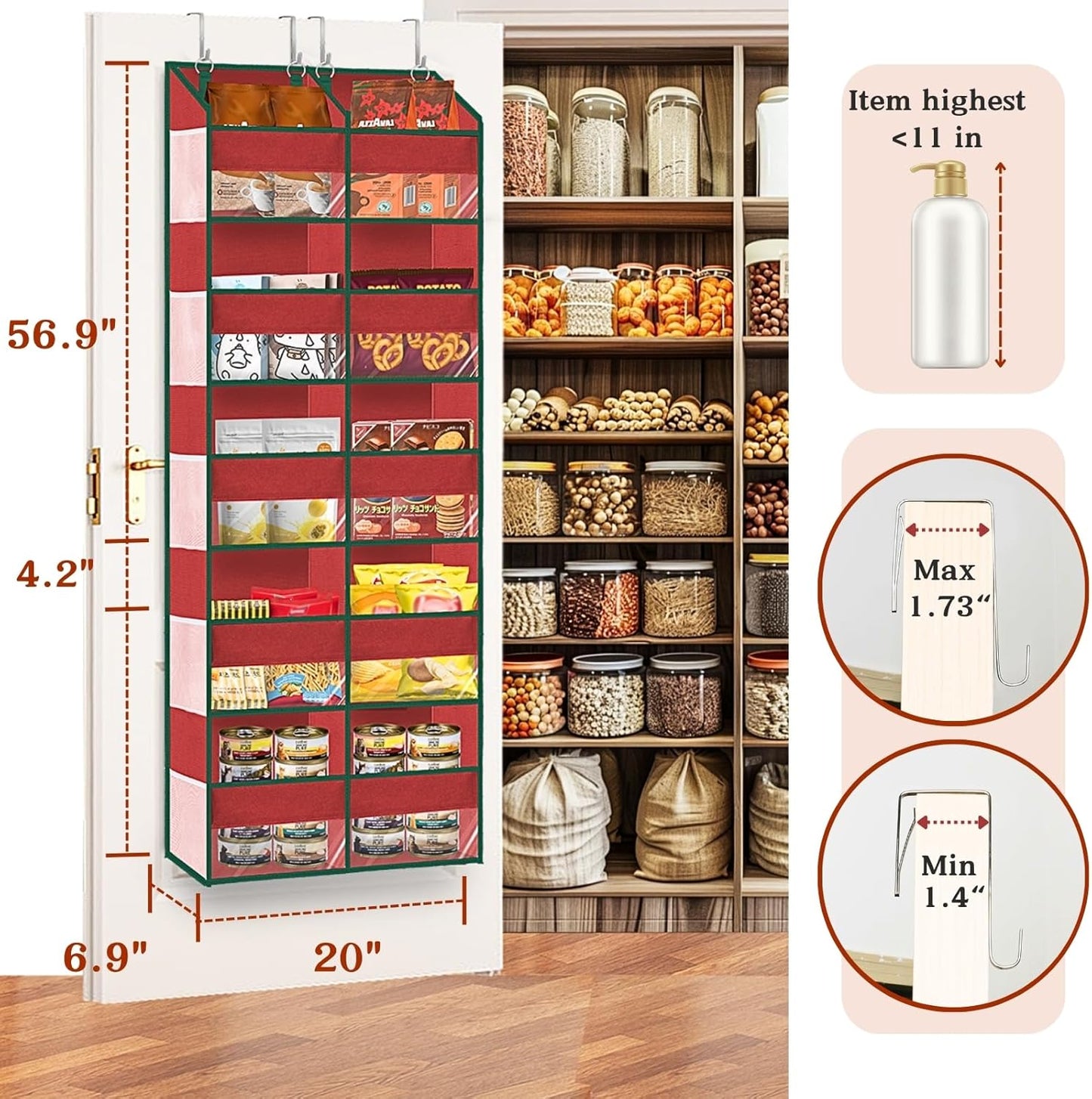 Christmas Over The Door Organizer 5 Tiers, Extra Large Behind Door Storage of 10 Compartments, 80 lbs Weight Capacity Hanging Storage Organizer with Clear Window Kids Toys, Shoes, Diapers, Red