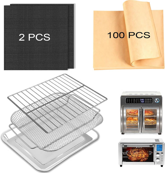 5-Pack Air Fryer Replacement Set for Emeril Lagasse 26QT, Includes Non-Stick Baking Pan, Basket, Air Fryer Rack, 2 Mats & 100 Parchment Papers, Stainless Steel Bakeware Set