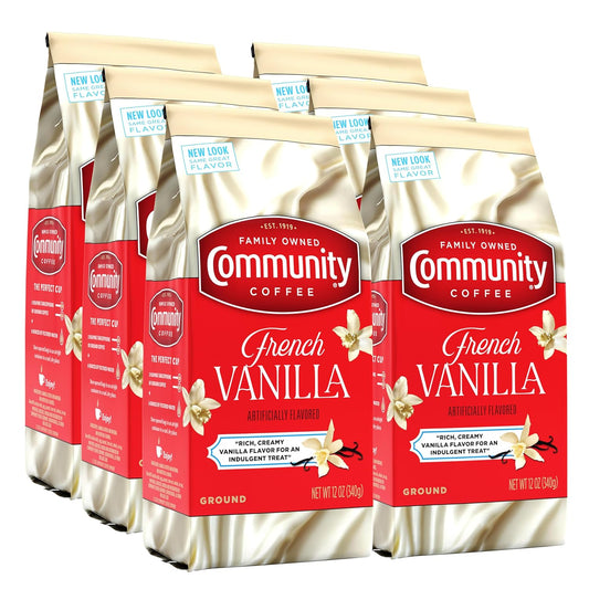 Community Coffee French Vanilla Flavored 72 Ounces, Medium Roast Ground Coffee, 12 Ounce Bag (Pack of 6)