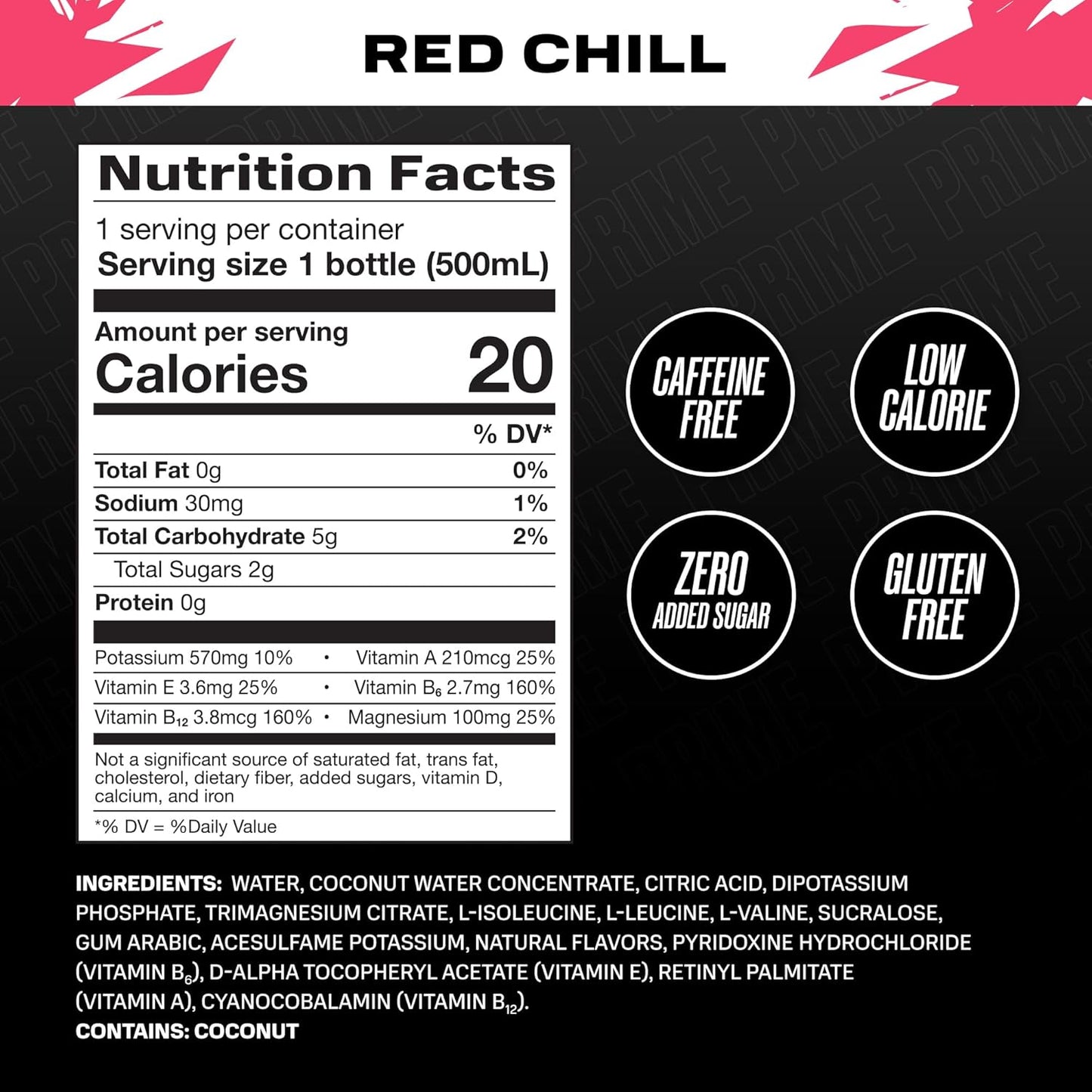 PRIME Hydration ICE RED CHILL, Sports Drinks, Electrolyte Enhanced for Ultimate Hydration, 250mg BCAAs, B Vitamins, Antioxidants, Low Sugar, 16.9 Fl Oz, 12 Pack