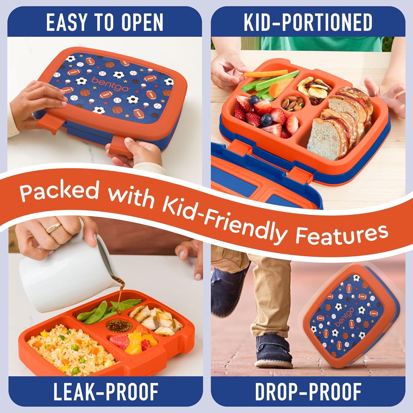 Bentgo Kids Prints Leak-Proof, 5-Compartment Bento-Style Kids Lunch Box - Ideal Portion Sizes for Ages 3-7, Durable, Drop-Proof, Dishwasher Safe, & PFAS & BPA-Free Materials (Sports)
