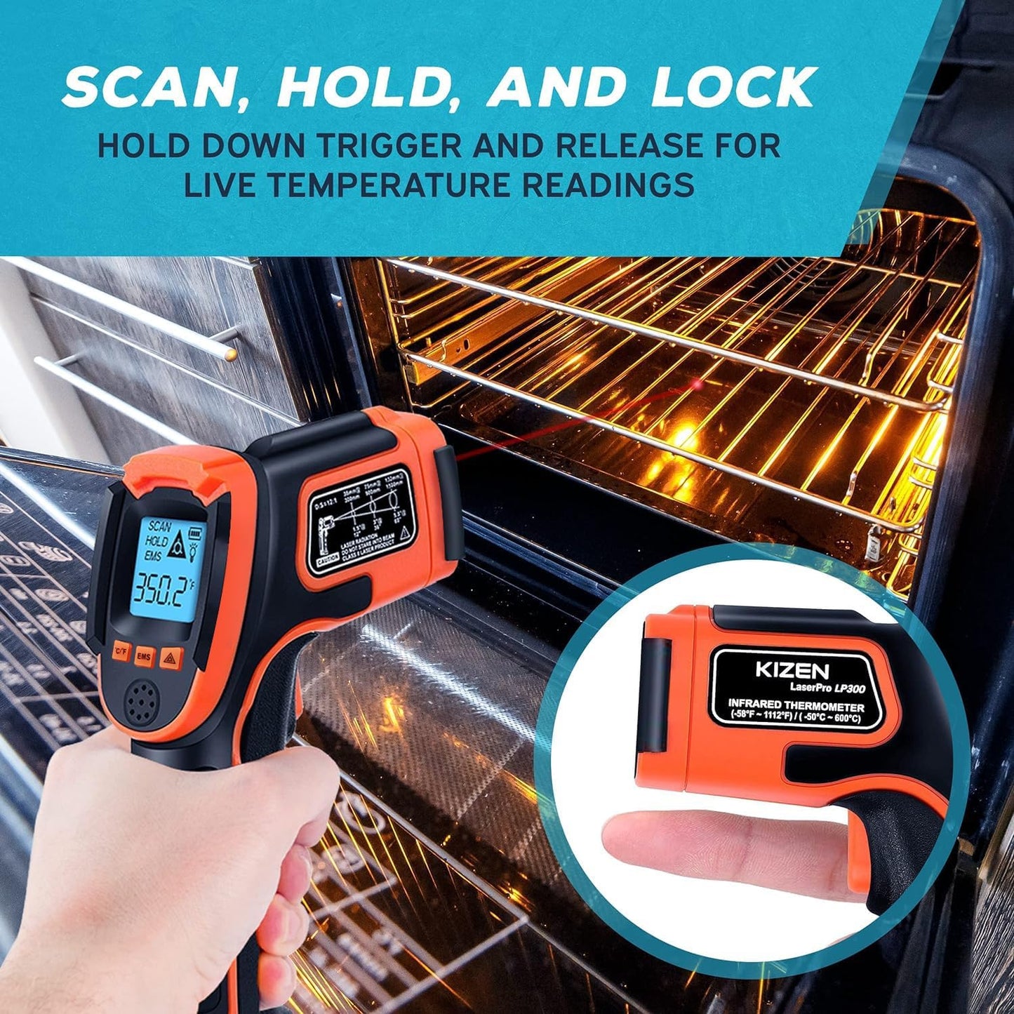 Kizen Infrared Temperature Gun - Handheld Surface Infrared Thermometer for Griddle, Grill, Pizza Oven, Candy, & A/C - Laser Thermometer Gun -58F to 1112F - Surface Temp Gun