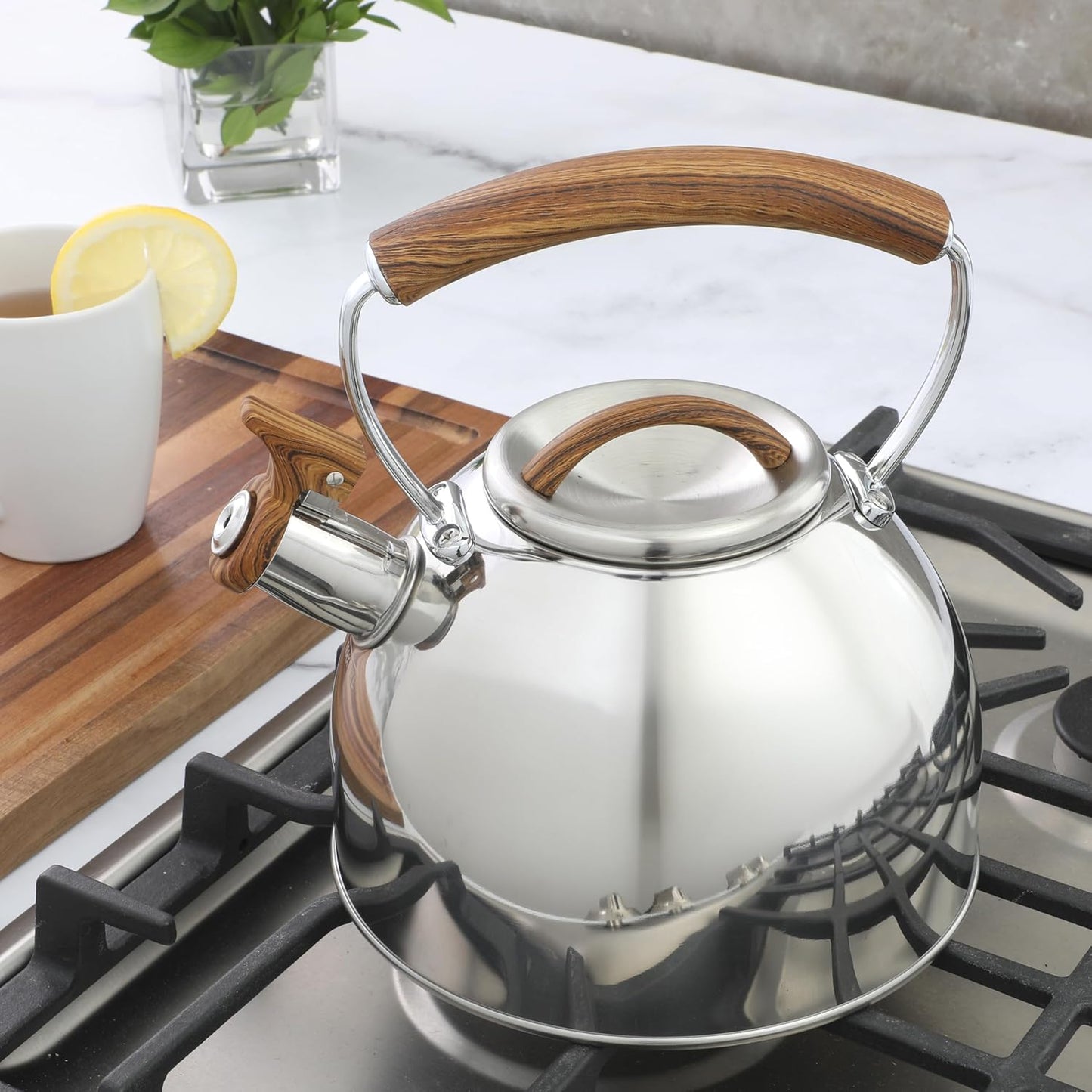 Mr. Coffee Fremont Large 2-Quart Stainless Steel Whistling Tea Kettle with Wood Handle – Durable Stove-Top Kettle for Boiling Water