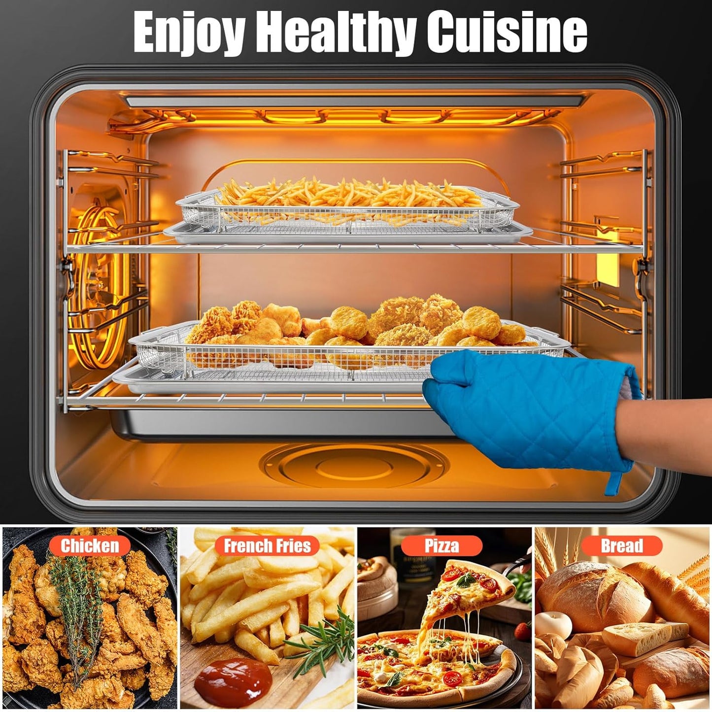 2 Set Air Fryer Basket,Oven Air Fryer Basket and Tray Set 15.6" x 11.6" &12.9"x9.7", Non-Stick Surface,Easy to Clean,With 100 PCS Parchment Papers