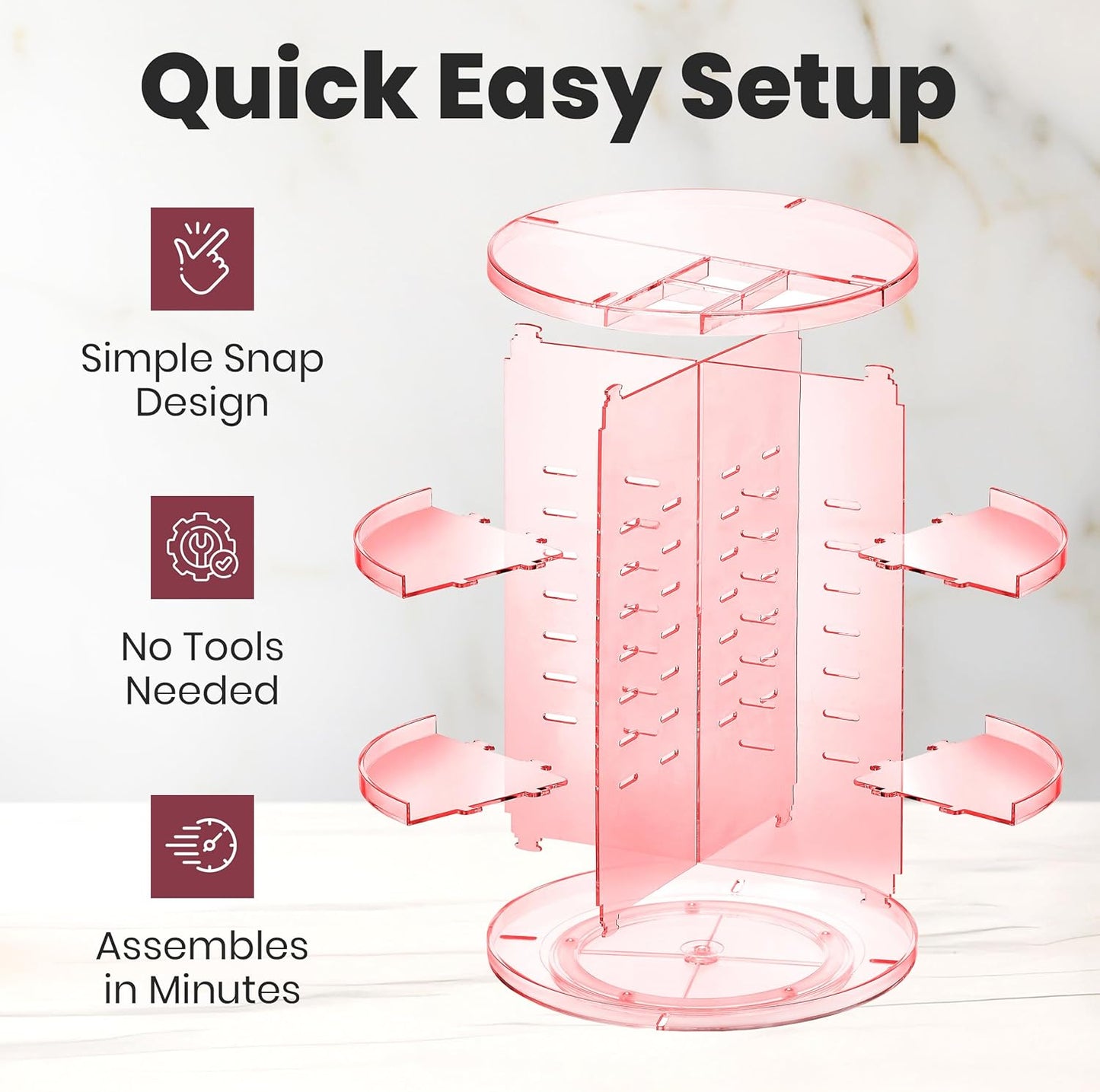 Masirs 360 Rotating Makeup Organizer - Adjustable Shelf Height and Fully Rotatable - The Perfect Round Spinning Cosmetic Organizer for Bedroom Dresser or Vanity Countertop Storage (Pink)