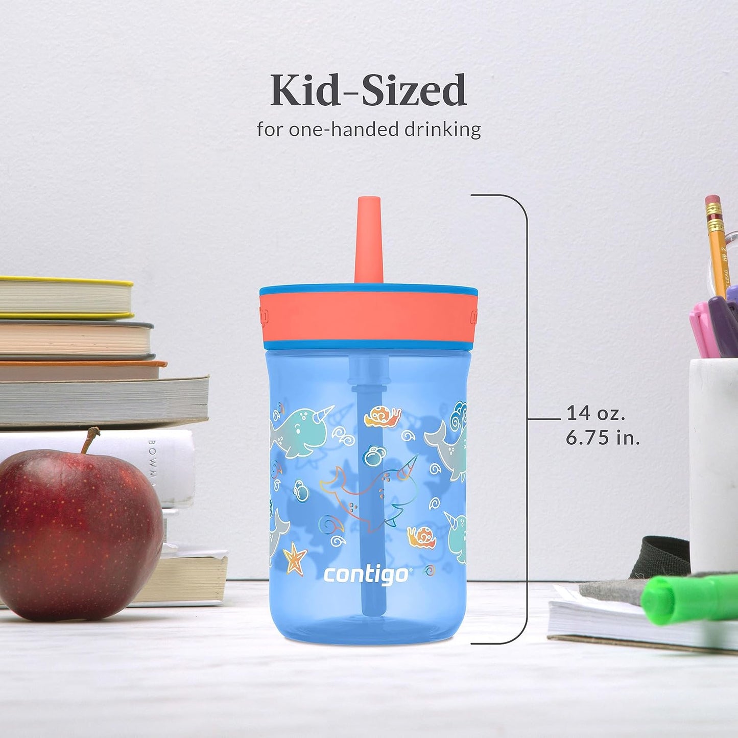Contigo Kids’ Leighton Straw Tumbler with Spill-Proof Leak-Proof Lid 14oz Blue Poppy/Narwhals