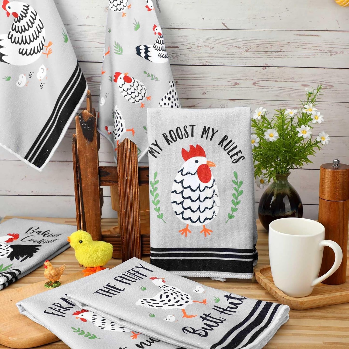 Boyiee Set of 6 Farm Chickens Kitchen Towels Farmhouse Absorbent Dish Tea Towels Rustic Country Rooster 24 x 16 Inches Gifts Chickens Hand Washcloth Gifts for Kitchen Bathroom Decorations