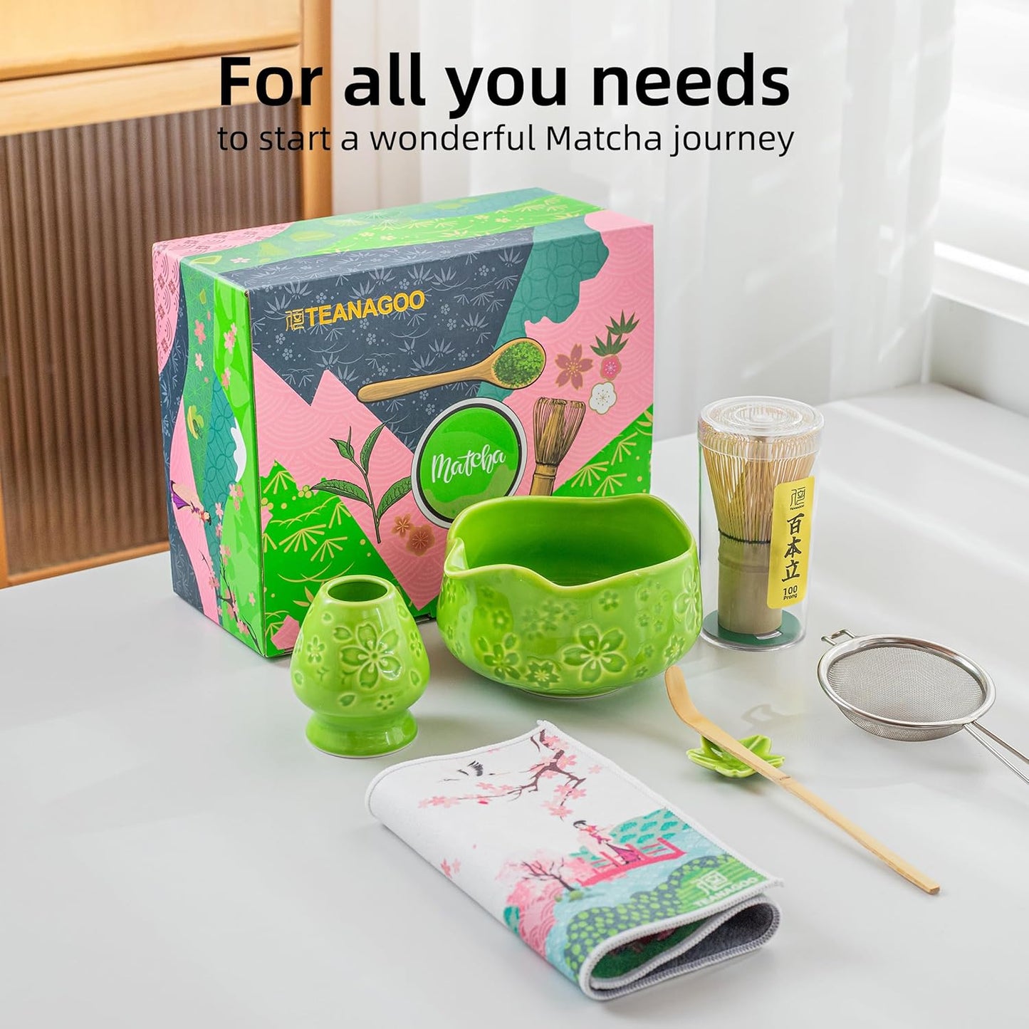 TEANAGOO 7-PCS Green Matcha Whisk Set with Cherry Blossom Design, Complete Ceremony Kit, Ceramic Chawan Bowl with Spout, Whisk & Accessories, Traditional Matcha Tea Set for Lattes& Gift Giving