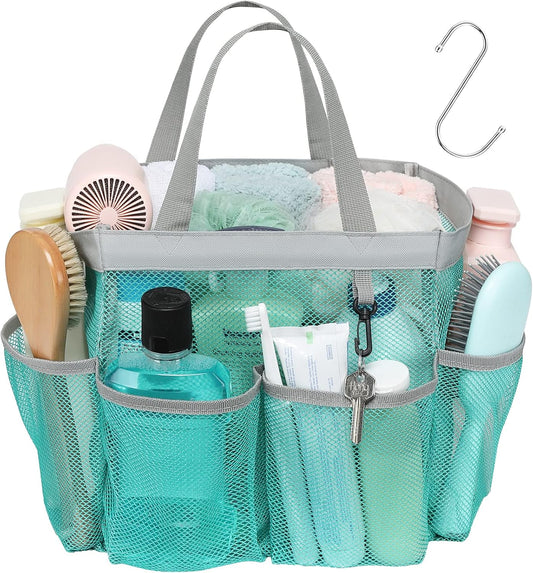 F-color Mesh Shower Caddy Portable, Upgrade Deeper 7 Pockets Shower Bag Basket Bag for College Dorm Room Toiletry Bathroom Essentials Gym Camp Quick Dry 2 handles with S Hook, Mint Green