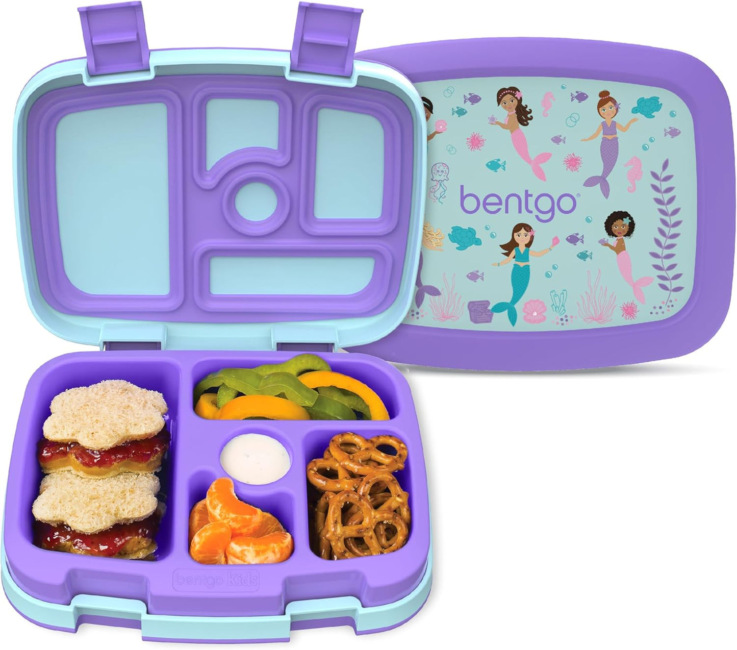 Bentgo Kids Prints Leak-Proof, 5-Compartment Bento-Style Kids Lunch Box - Ideal Portion Sizes for Ages 3-7, Durable, Drop-Proof, Dishwasher Safe, & PFAS & BPA-Free Materials (Mermaids in the Sea)