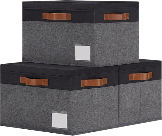 GhvyenntteS Extra Large Storage Bins with Lids, Foldable Fabric Storage Boxes with Lids and Handles, Storage Baskets with Lid and Label for Home Office (3 Pack, Grey&Black, 15.75" x 11.8" x 10.2")