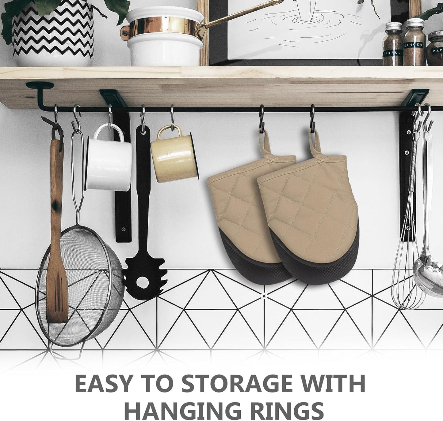 1 Pair Short Oven Mitts - Silicone Kitchen Oven Gloves High Heat Resistant 500℉, Mini Oven Mits with Non-Slip Grip Surfaces and Hanging Loop for BBQ, Baking, Cooking and Grilling (Coffee)