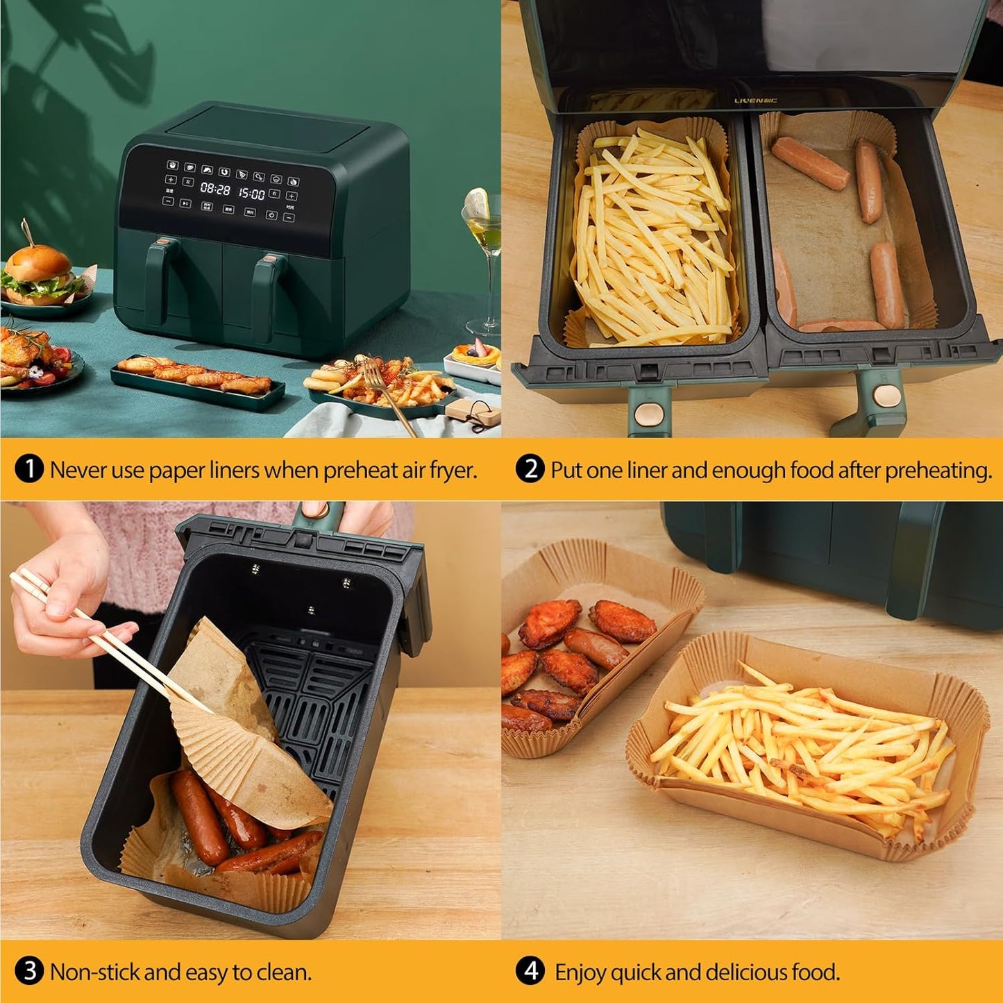 Vailnd Air Fryer Liners Disposable for Dual Basket, 100Pcs 8x5.5 Inch Rectangle Air Fryer Paper Liner for Ninja DZ201 DZ401, Chefman/COSORI 2-Basket, Oil Proof Parchment Paper