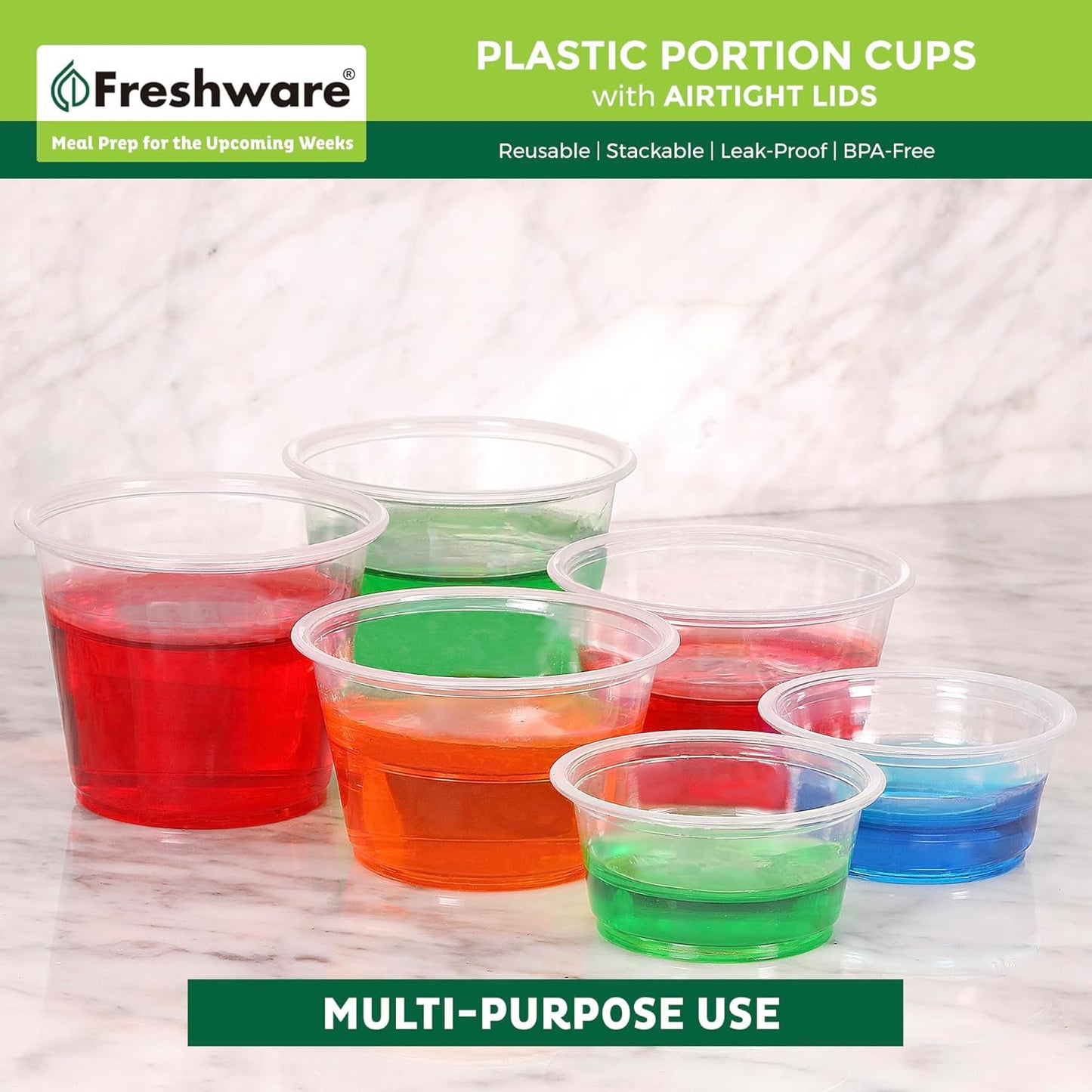 Freshware Plastic Portion Cups with Lids [3.25 Ounce, 200 Sets] Disposable Plastic Cups for Meal Prep, Salad Dressing, Jellos Shot Cups, Souffle Cups, Condiment and Dipping Sauce Cups