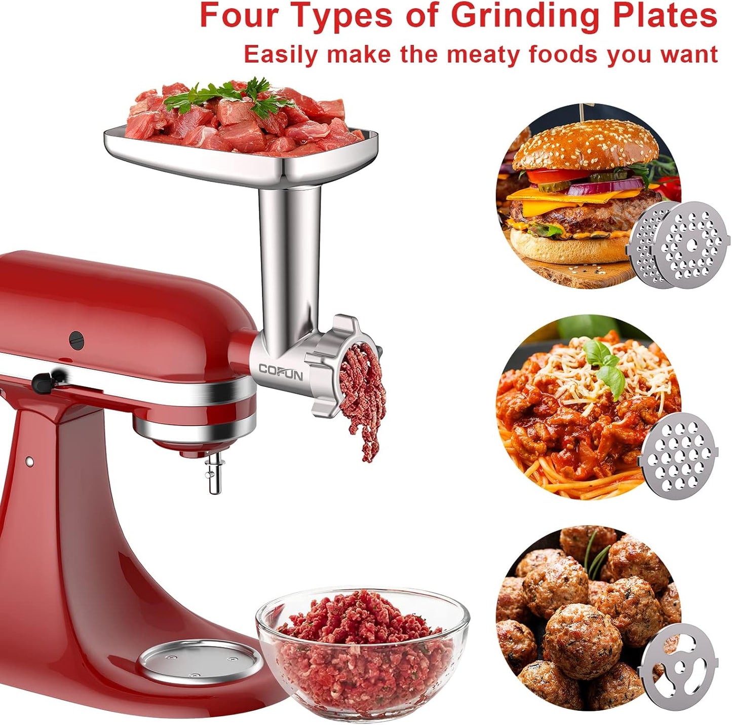 Metal Meat Grinder Attachment for KitchenAid Stand Mixers, Food Grinder Attachment Includes 4 Grinding Plates, 3 Sausage Stuffer Tubes, 2 Grinding Blades, Grinder and Sausage Stuffer by COFUN