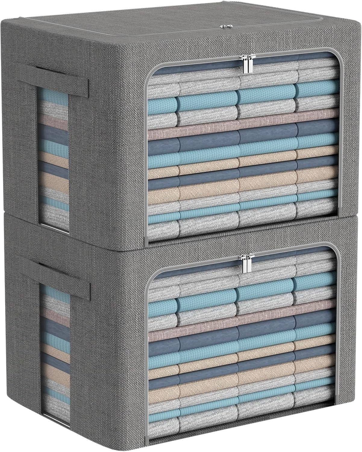 Clothes Storage Bins Box - Linen Fabric Foldable Stackable Container Organizer Set with Clear Window & Carry Handles & Metal Frame - 2Pack Large Capacity for Bedding, Blankets, Books