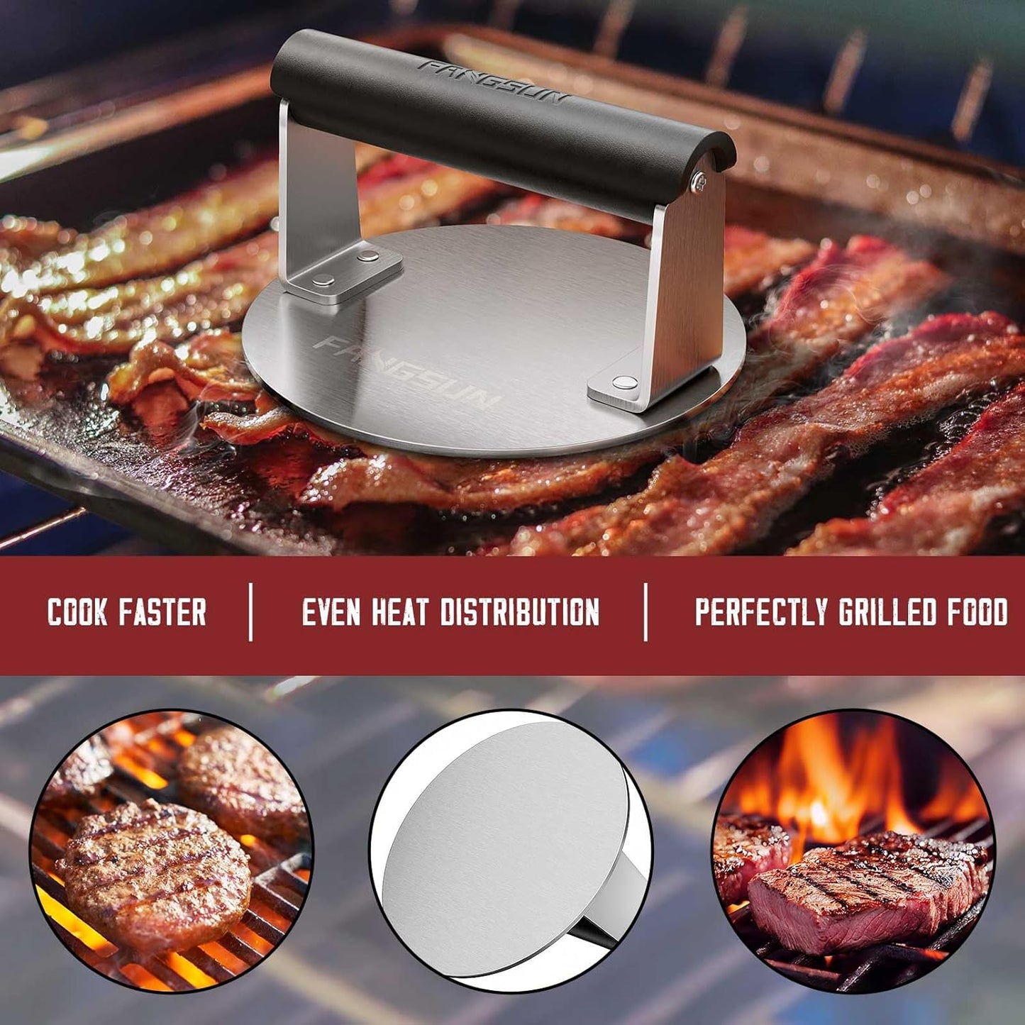 FANGSUN Smashed Burger Press, Burger Smasher for Griddle, Heavy-duty Stainless Steel Hamburger Press with Heat-resistant Handle, Non Stick Bacon Press, 6-Inch Grill Meat Press, Griddle Accessories Kit