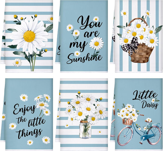 Boyiee Set of 6 Daisy Flower Kitchen Towels Daisy Stripes Tea Towels Floral Absorbent Dishtowels 24 x 16 Inches Housewarming Gifts Blue Hand Wash Cloth for Farmhouse Kitchen Bathroom Decorations