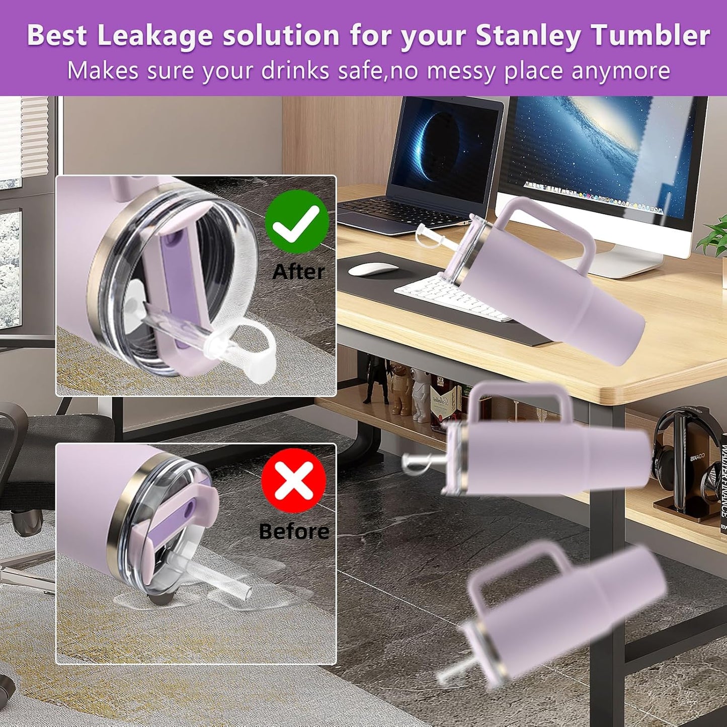 4Sets Silicone Spill Proof Stopper for Stanley 40/30 oz The Quencher H2.0 Flowstate Tumbler with Handle for Stanley Cup Accessories Include Straw Cover Cap Round Leak Stopper Square Spill Stopper