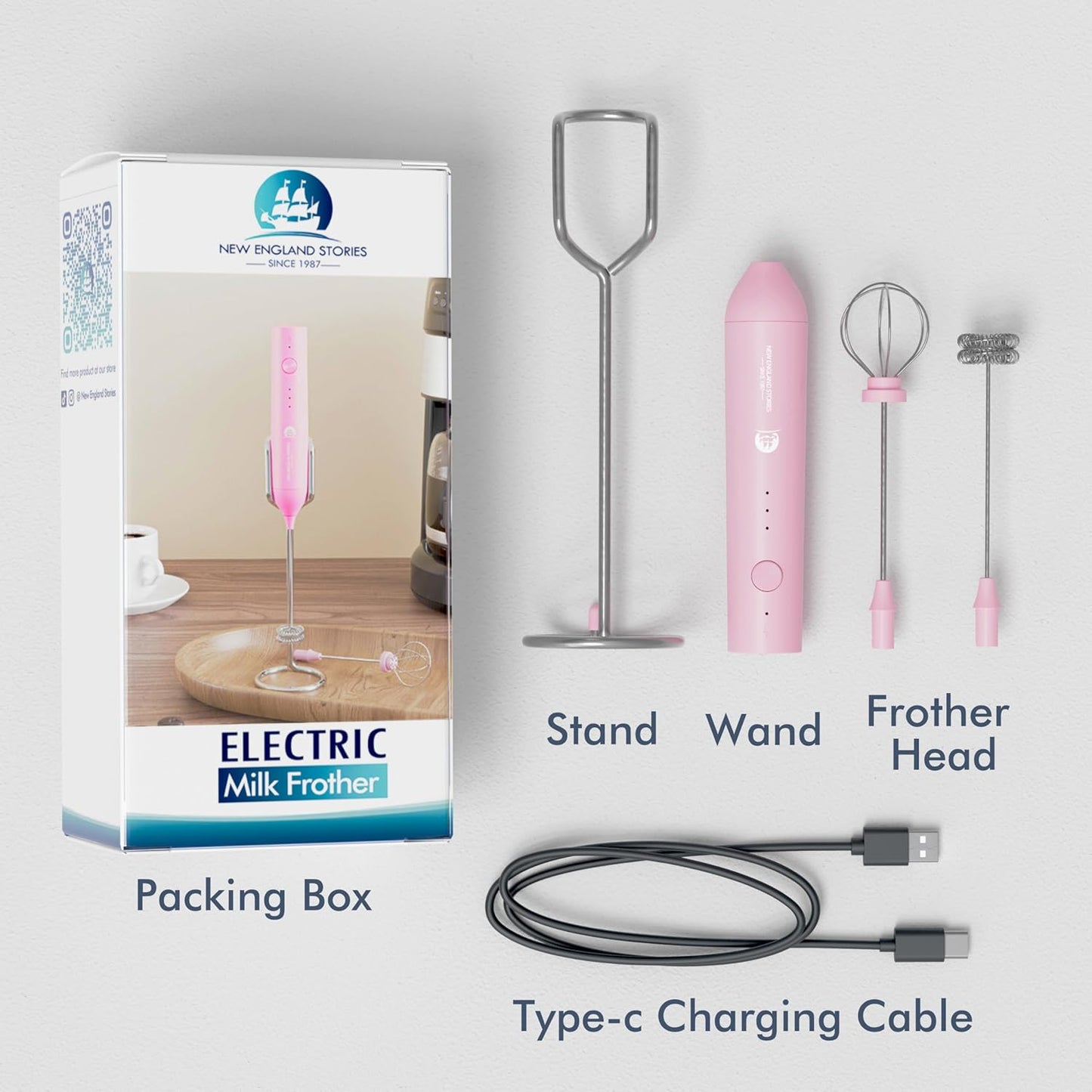 Rechargeable Milk Frother Wand with Stand, Foam Maker with Stainless Whisk, 3-Speeds Electric Handheld Drink Mixer for Coffee, Cappuccino, Latte, Matcha, Hot Chocolate (Pink)