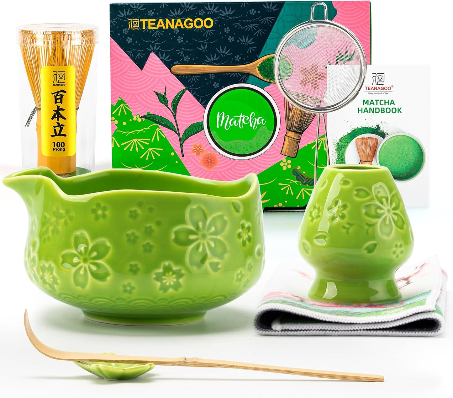 TEANAGOO 7-PCS Green Matcha Whisk Set with Cherry Blossom Design, Complete Ceremony Kit, Ceramic Chawan Bowl with Spout, Whisk & Accessories, Traditional Matcha Tea Set for Lattes& Gift Giving