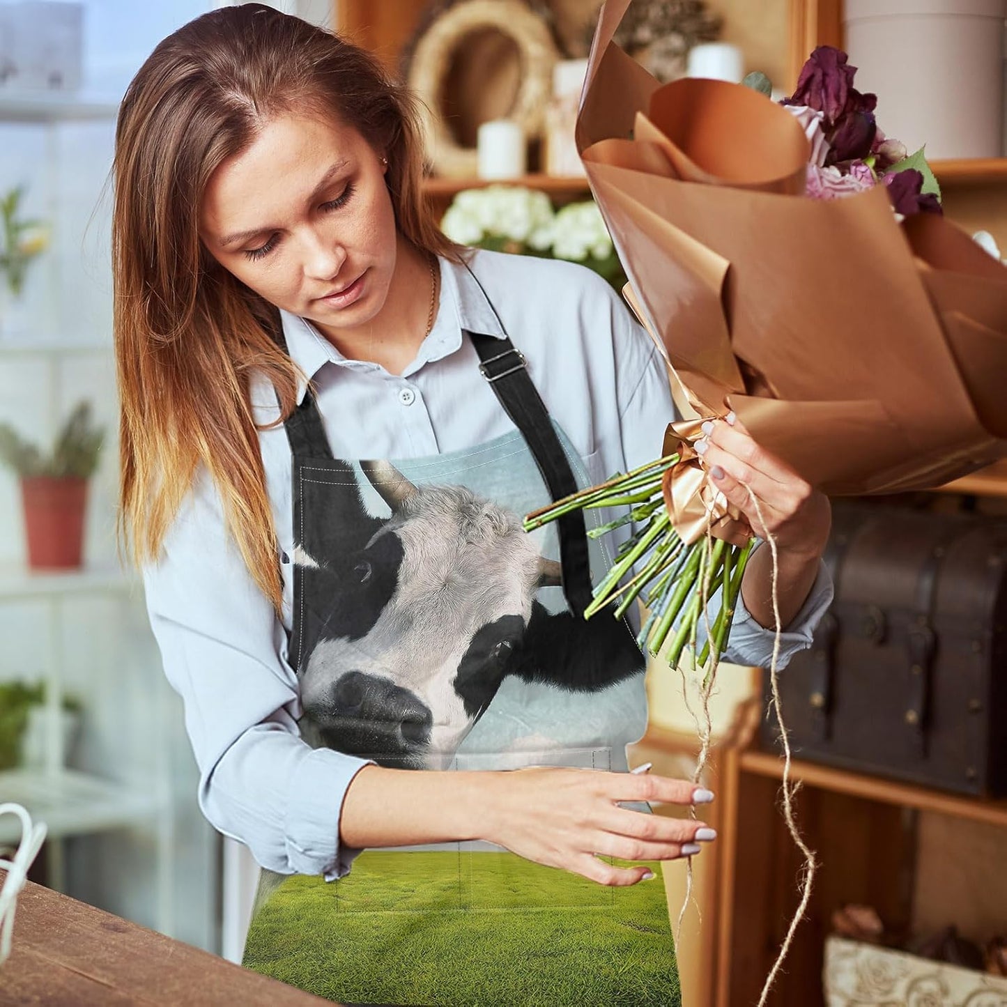 Britimes Apron Home Kitchen Waterproof Cooking Baking Gardening for Women Men With Pockets Funny Cow On Green Grassland 32x28 inch