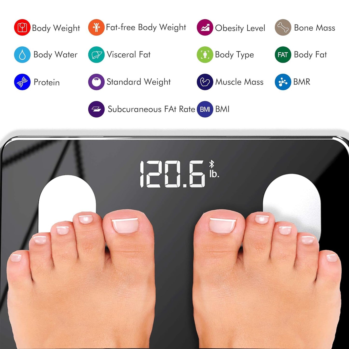 KONQUEST Smart Scale for Body Weight, Digital Bathroom Scale BMI Weighing Bluetooth Body Fat Scale, Body Composition Monitor Health Analyzer with Smartphone App, 400 lbs - Black