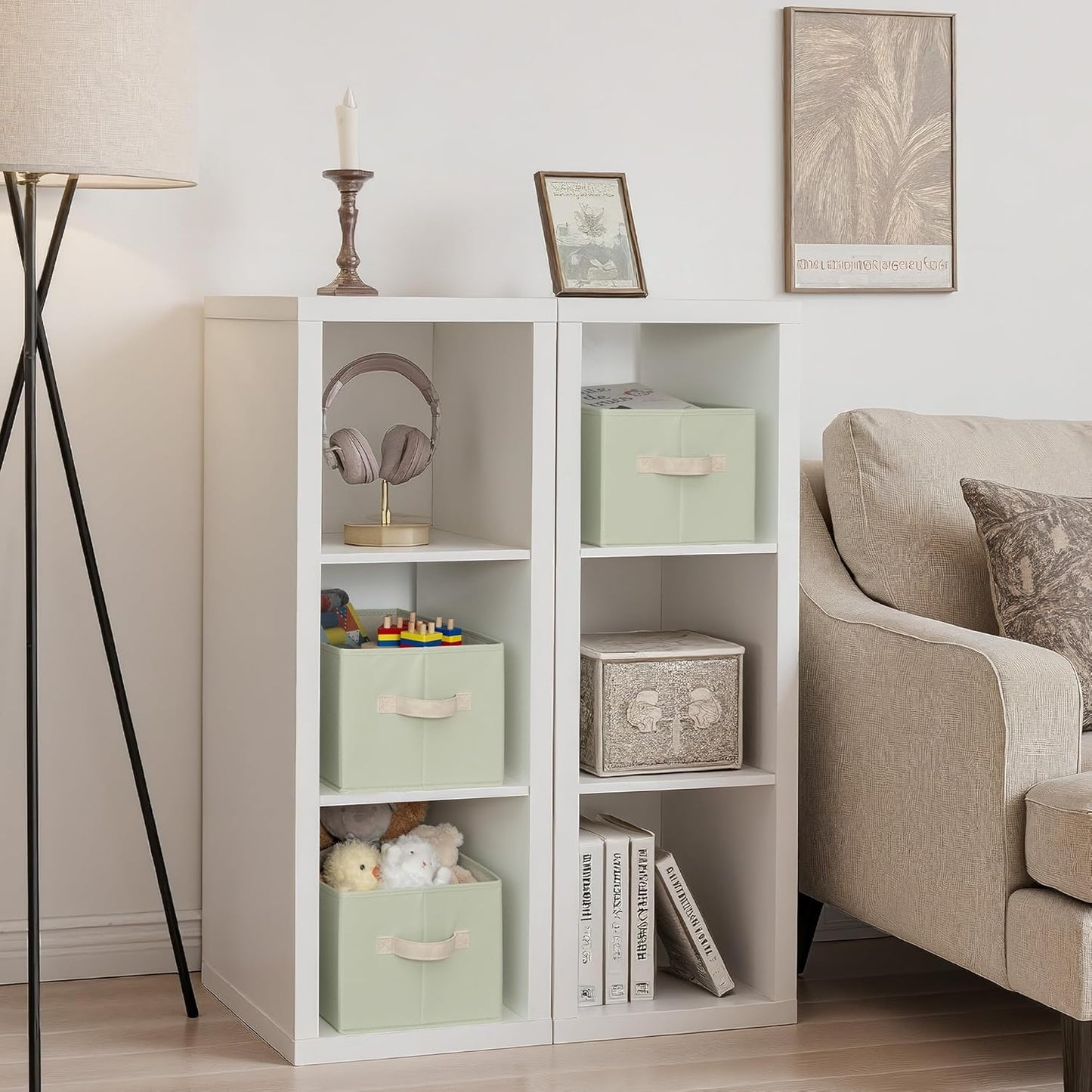 StorageWorks Storage Baskets for Shelves, Foldable Fabric Closet Storage Bins with Handles, Fabric Storage Bins Clothes Organizer, Light Green, 3-Pack, Large